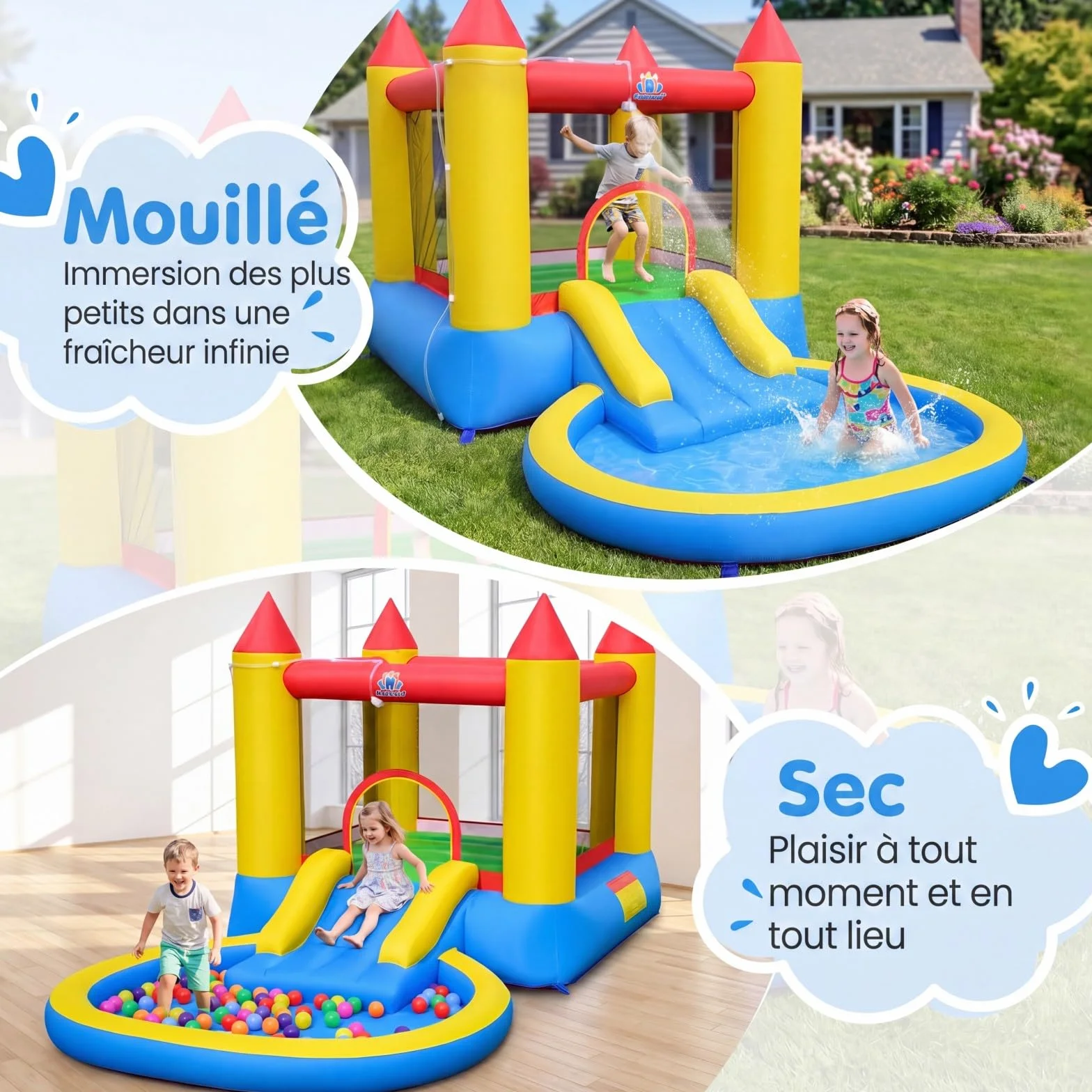 COSTWAY 3 en 1 Château Gonflable avec Toboggan et Maison de Saut, Aire de Jeux avec Piscine à Balles et 50 Balles Océaniques, pour 3-12 Ans