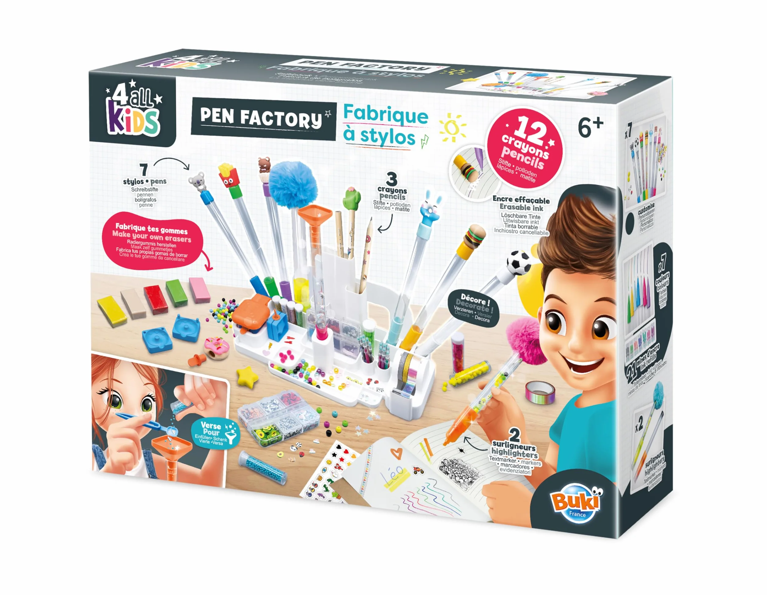 Buki Fabrique à stylos Station Customisation Crayons Bureau Kit Créatif Enfant dès 6 Ans Stylos Stickers Masking Tape Gommes Accessoires DIY FK007