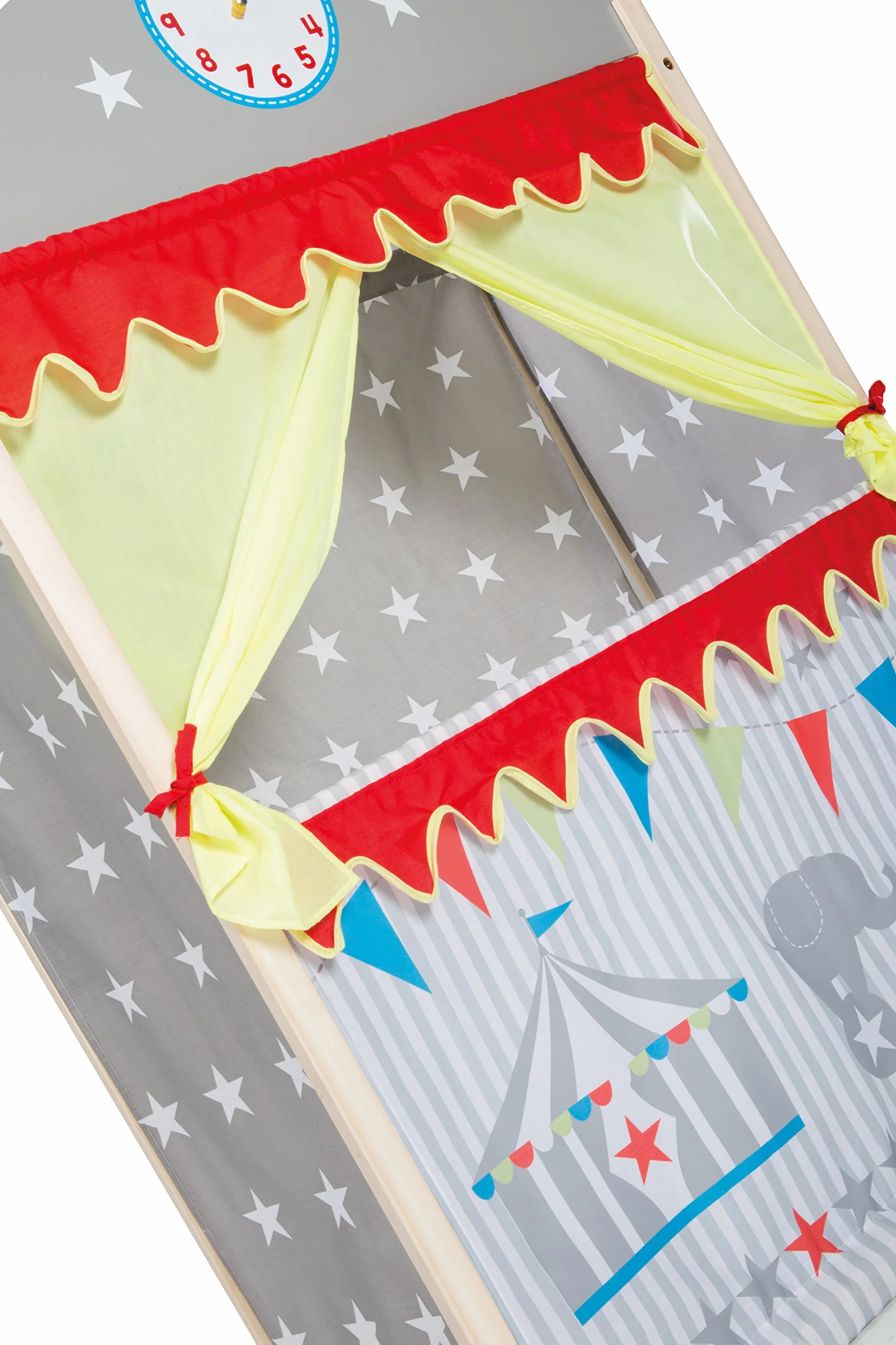 roba Théâtre de Marionnettes pour Enfant en Bois et Tissu Étoilé Gris - Monté sur Pied - 84 x 39 x 129 cm - avec Horloge à Aiguilles Mobiles - dès 3 Ans - Multicolore