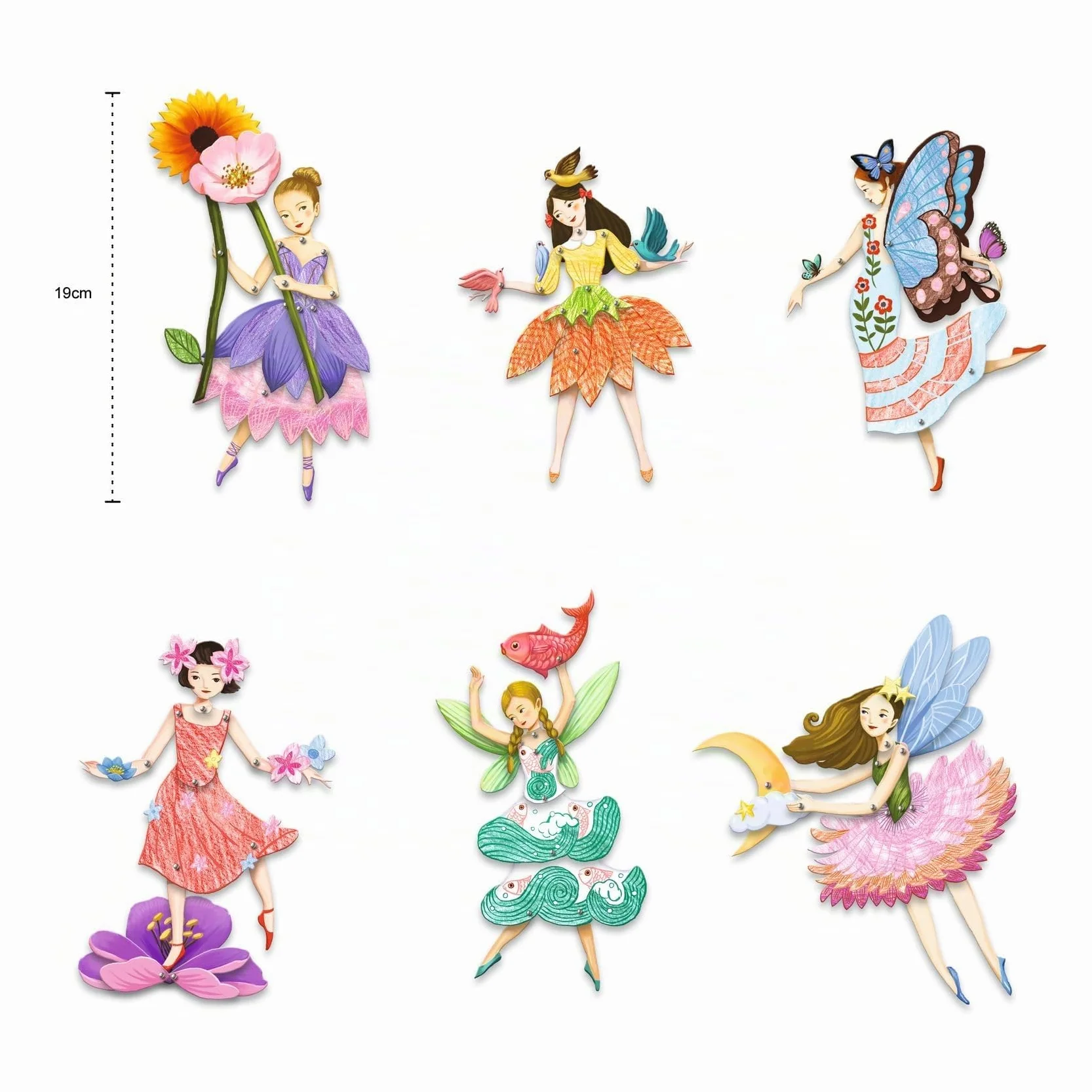 Djeco Set Créatif Fées Articulées à Colorier 5-8 Ans Coloriage Assemblage 6 Planches Pantins Fées Attaches Metal Stickers H19cm