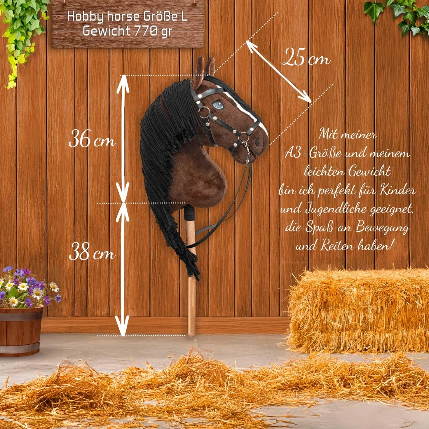 Cheval Bâton Hobby Horse A3 Bai Marron Crins Noirs Ensemble Complet Filet Mors Rênes Licol Longe Bonnet