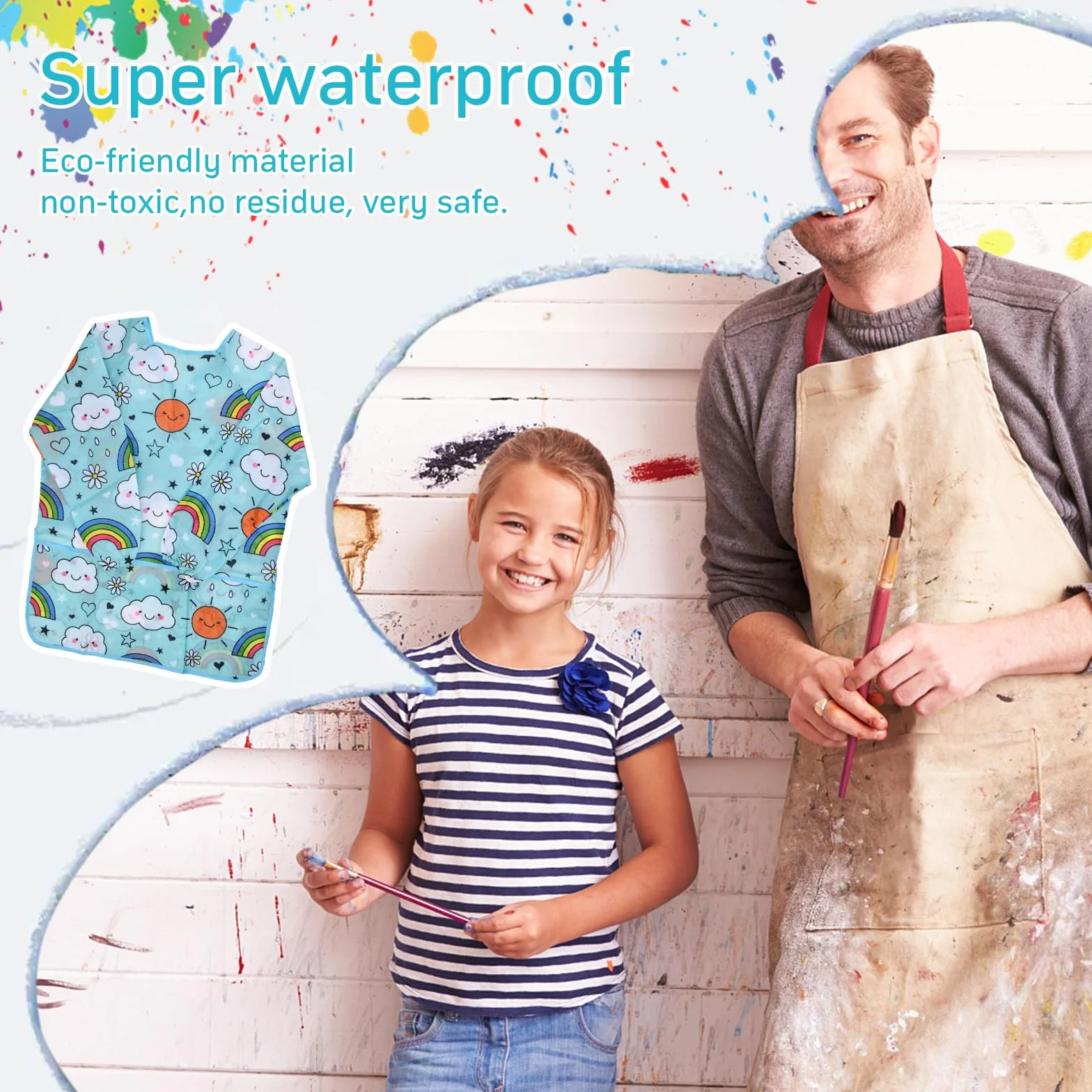 Tablier d'art pour Enfants 3-8 Ans - 2Pcs Blouse Peinture en Nylon Imperméable avec Manches et Poches