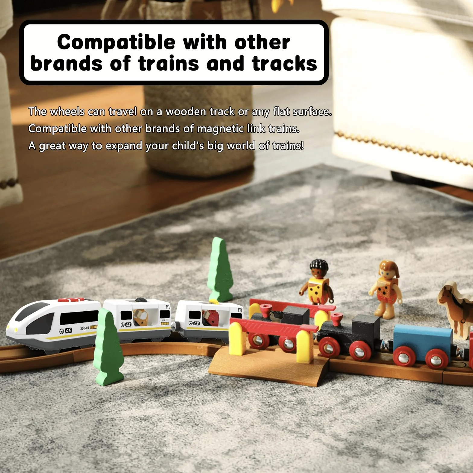 DxxD Train à Piles pour Chemin de Fer en Bois, Jouet Train de Locomotives Son et Lumière, Véhicules Électrique Enfant 3-8 Ans Compatible Brio Thomas