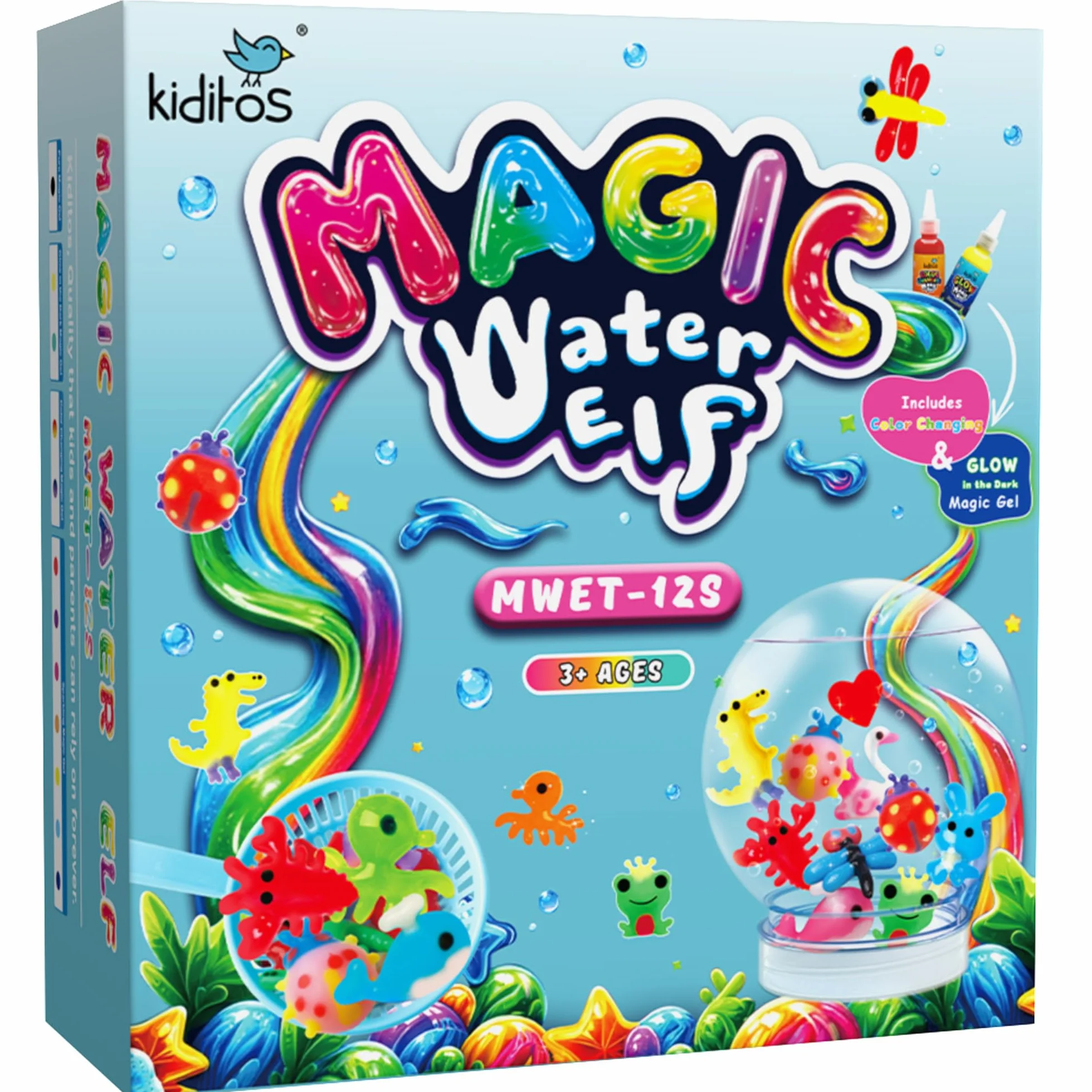 Kiditos Kit de création de jouets lutins en eau magique lumineux dans l'obscurité changement de couleur 12 gels 10 moules pot avec couvercle