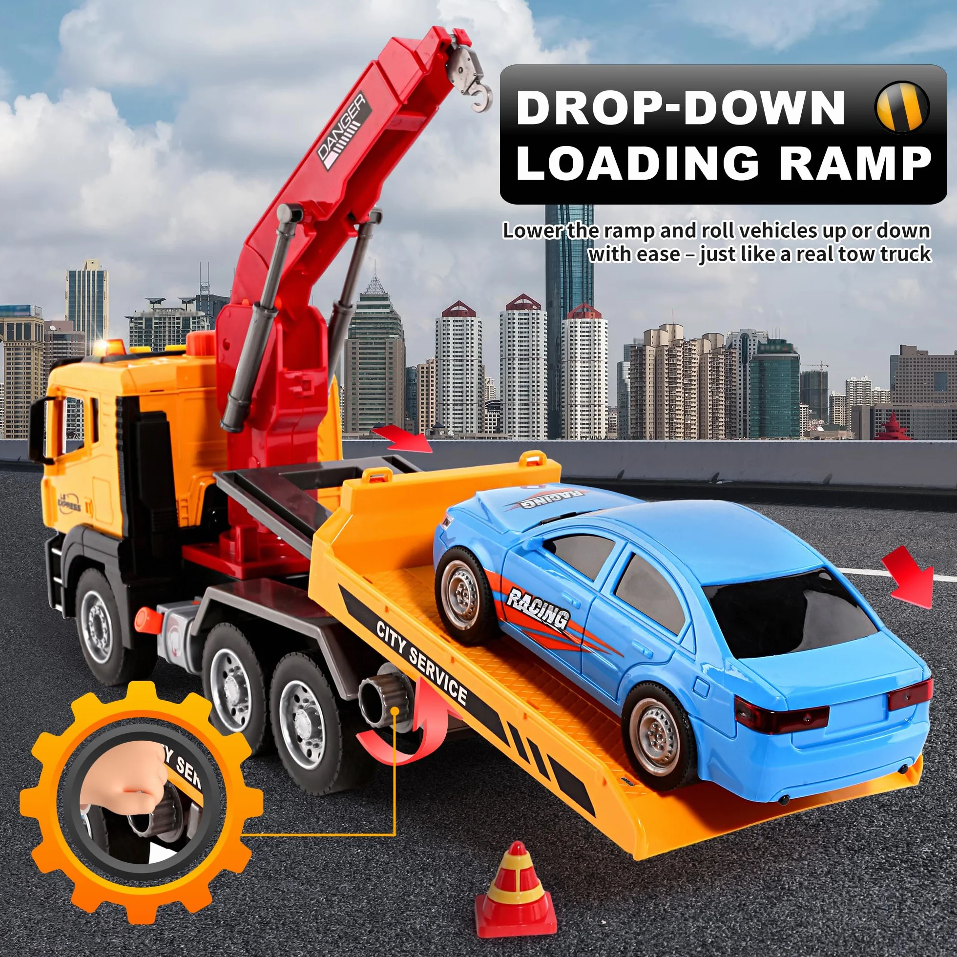 BunnyJOY Camion Dépanneuse avec Grue Jouet Enfants 3-6 Ans Lumière Sons
