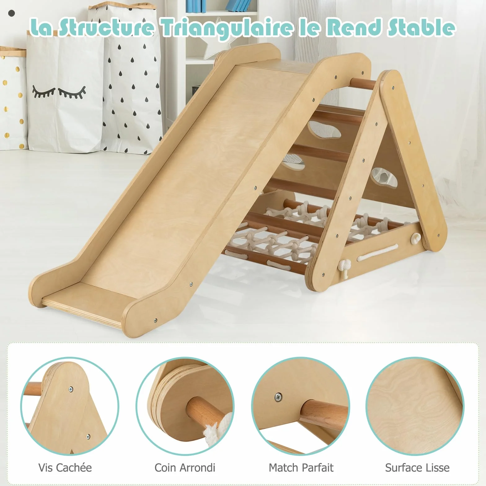 GOPLUS Triangle d'Escalade Montessori Enfants avec Filet à Grimper, Planche et Échelle, Toboggan, Charge 50KG, Aire de Jeux Intérieur pour Bébé 1 an+