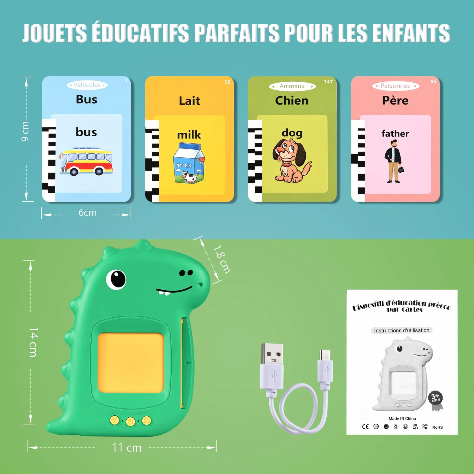 Cartes Flash Parlantes Éducatives 112 Feuilles 224 Mots Montessori Jouets pour Enfants 2-6 Ans Vert Français