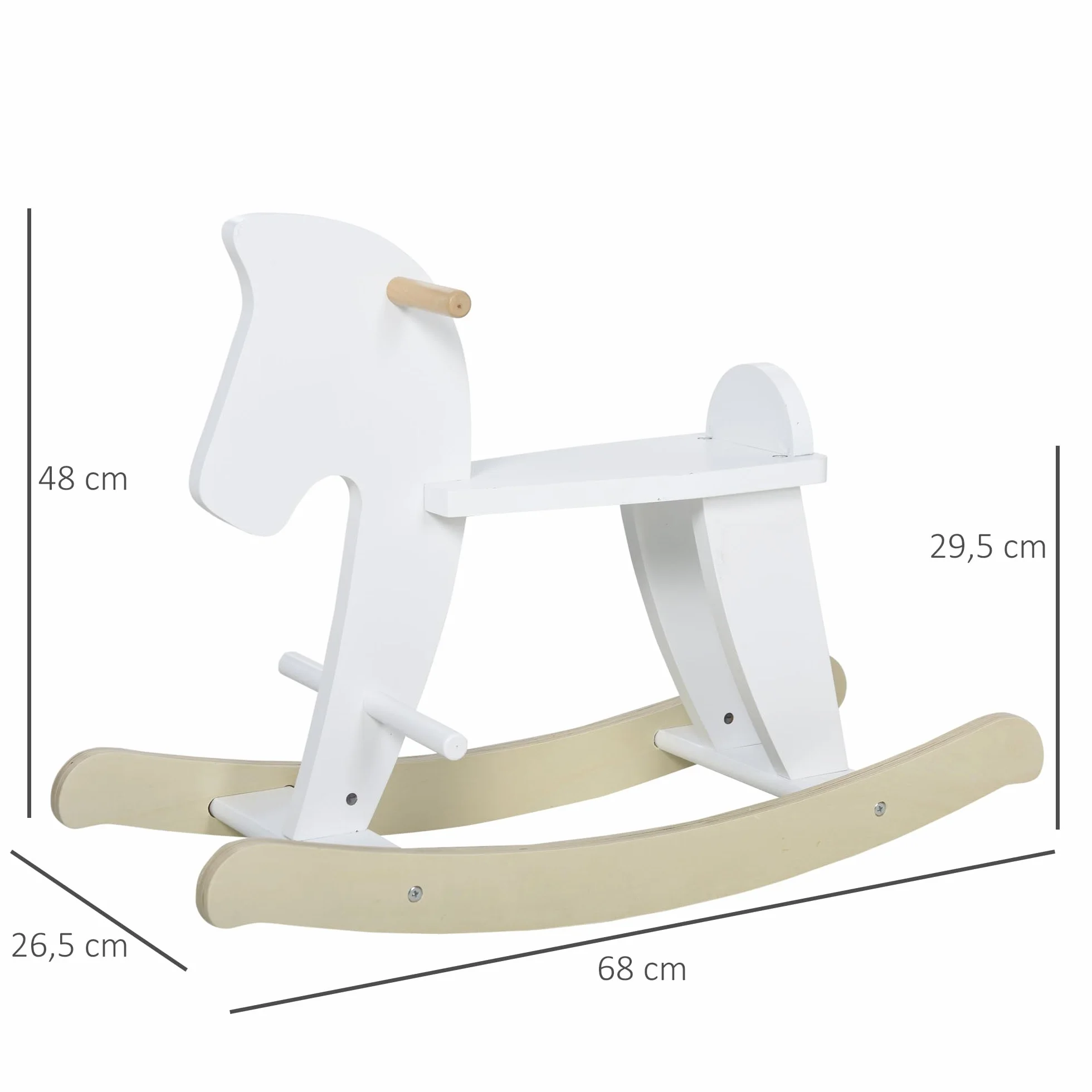 HOMCOM Cheval à Bascule en Bois avec Poignées, Repose-Pied et Butées - MDF Contreplaqué Blanc et Bois Naturel