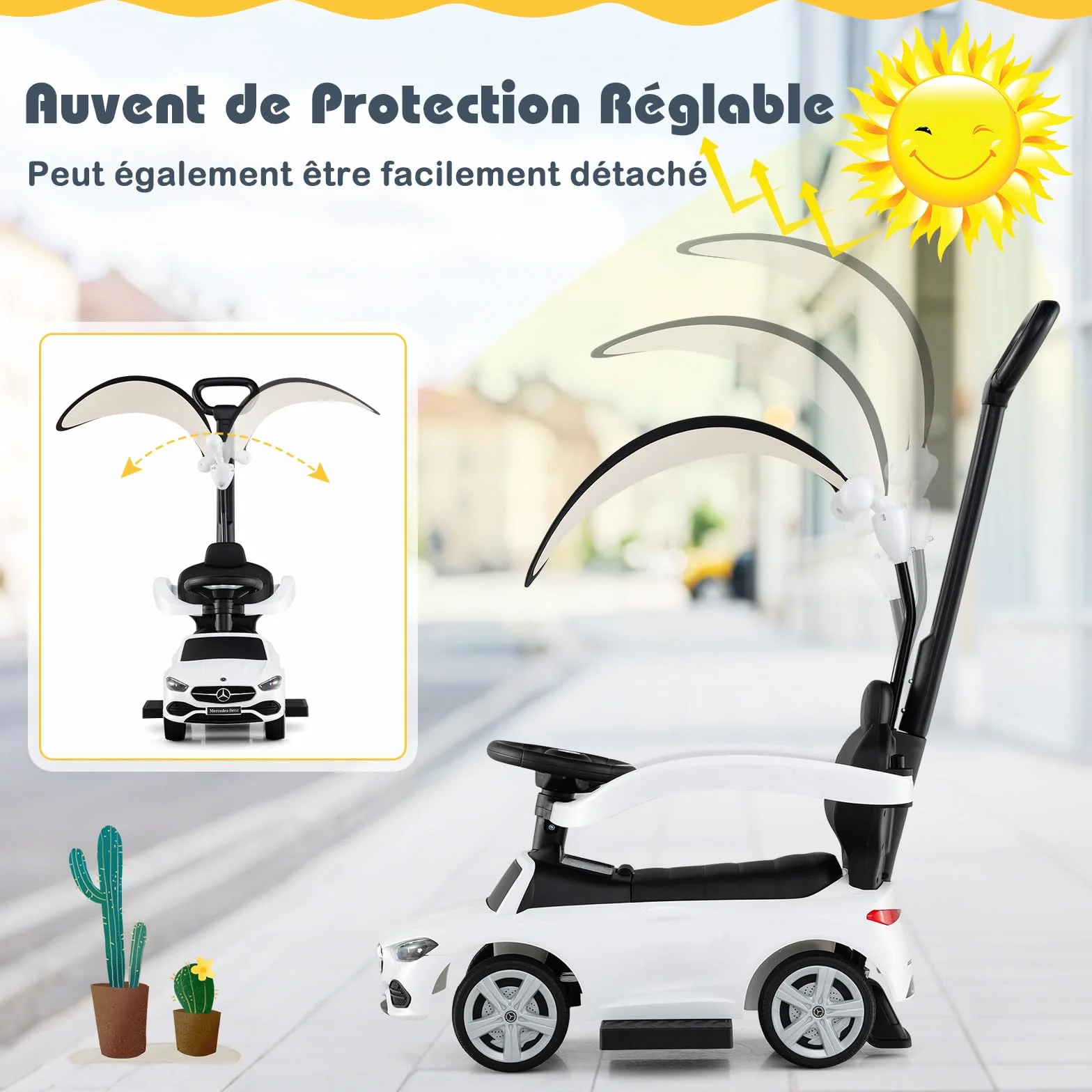 COSTWAY Mercedes-Benz Porteur Enfant 3 en 1 avec Volant Klaxon Son de Moteur, Voiture à Pousser 25kg 18-36 Mois Blanc