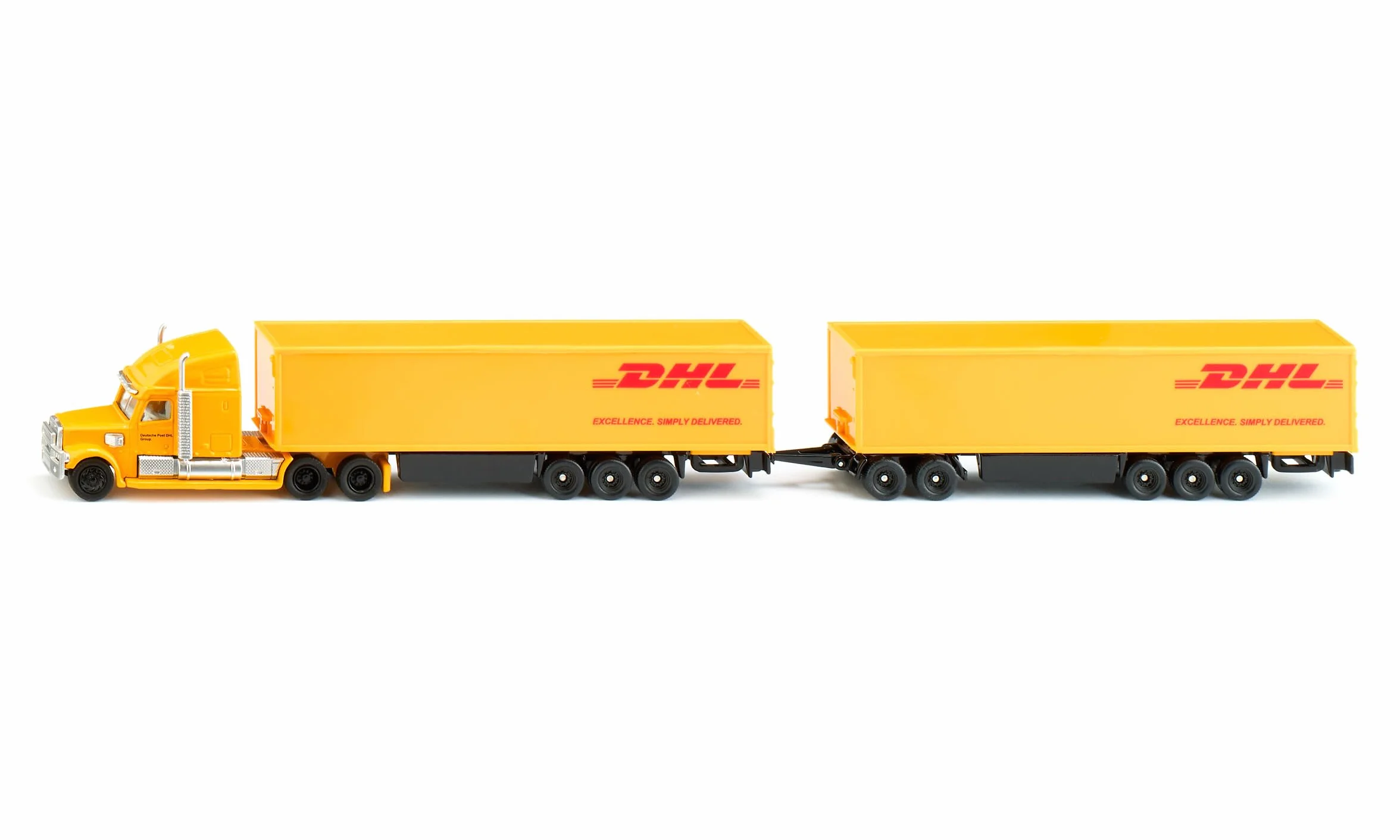 Siku 1806 Freightliner DHL Road Train tracteur semi-remorque 1:87 métal plastique jaune remorque amovible portes ouvrantes
