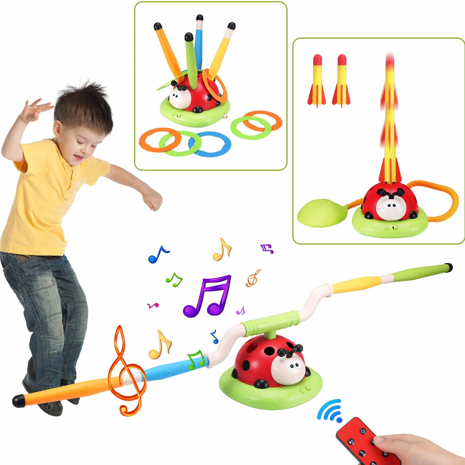 3 IN 1 Jeux Exterieur Enfant Kit, Jeu de Lancer d’Anneaux, Fusée Jouet, Saut Musical, Jeux Enfants 3-9 Ans Noel Cadeau Anniversaire