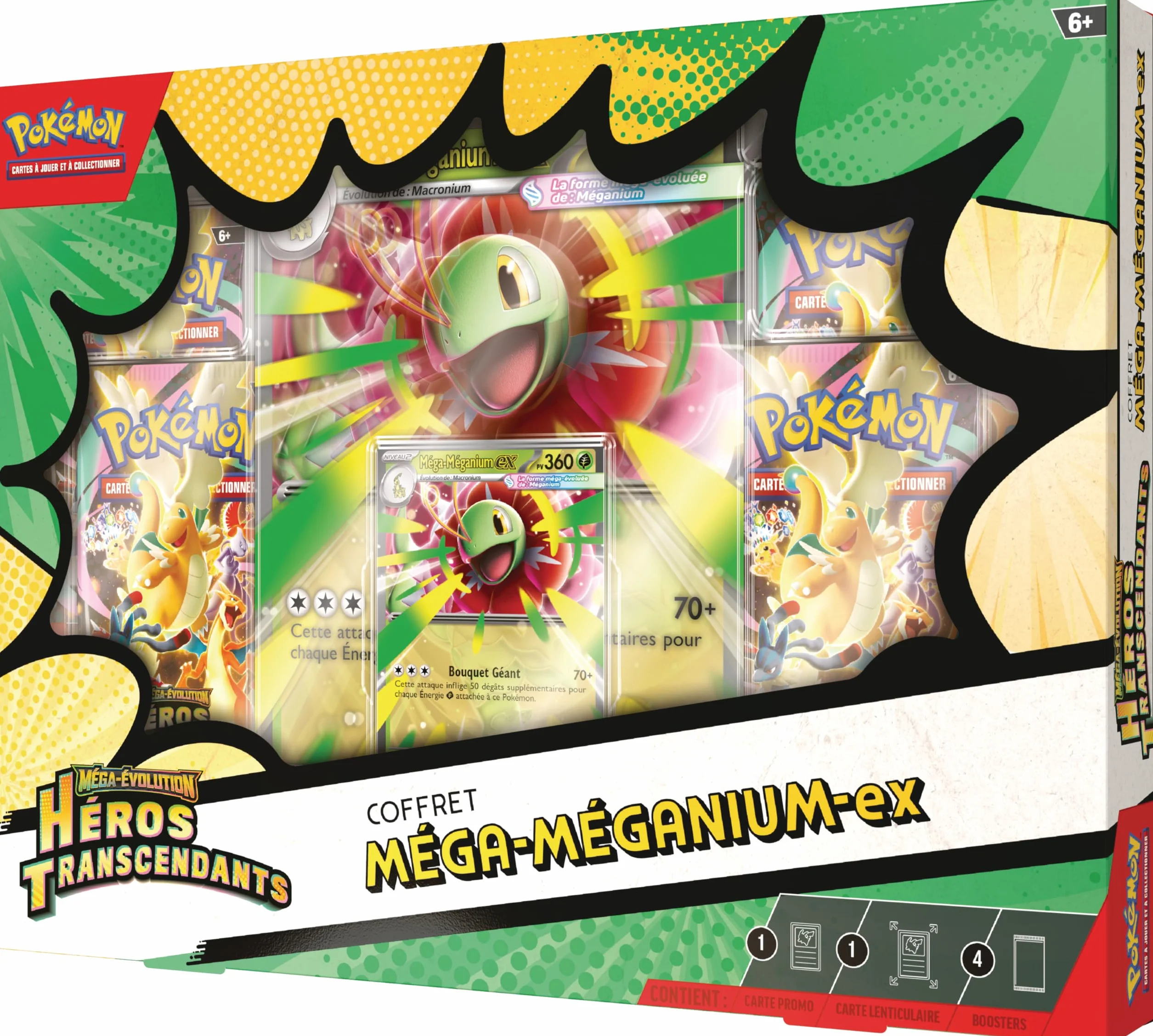 Pokémon Coffret Méga-Évolution Héros Transcendants Méga-Méganium-ex Carte Promo Brillante Grand Format Lenticulaire 4 Boosters