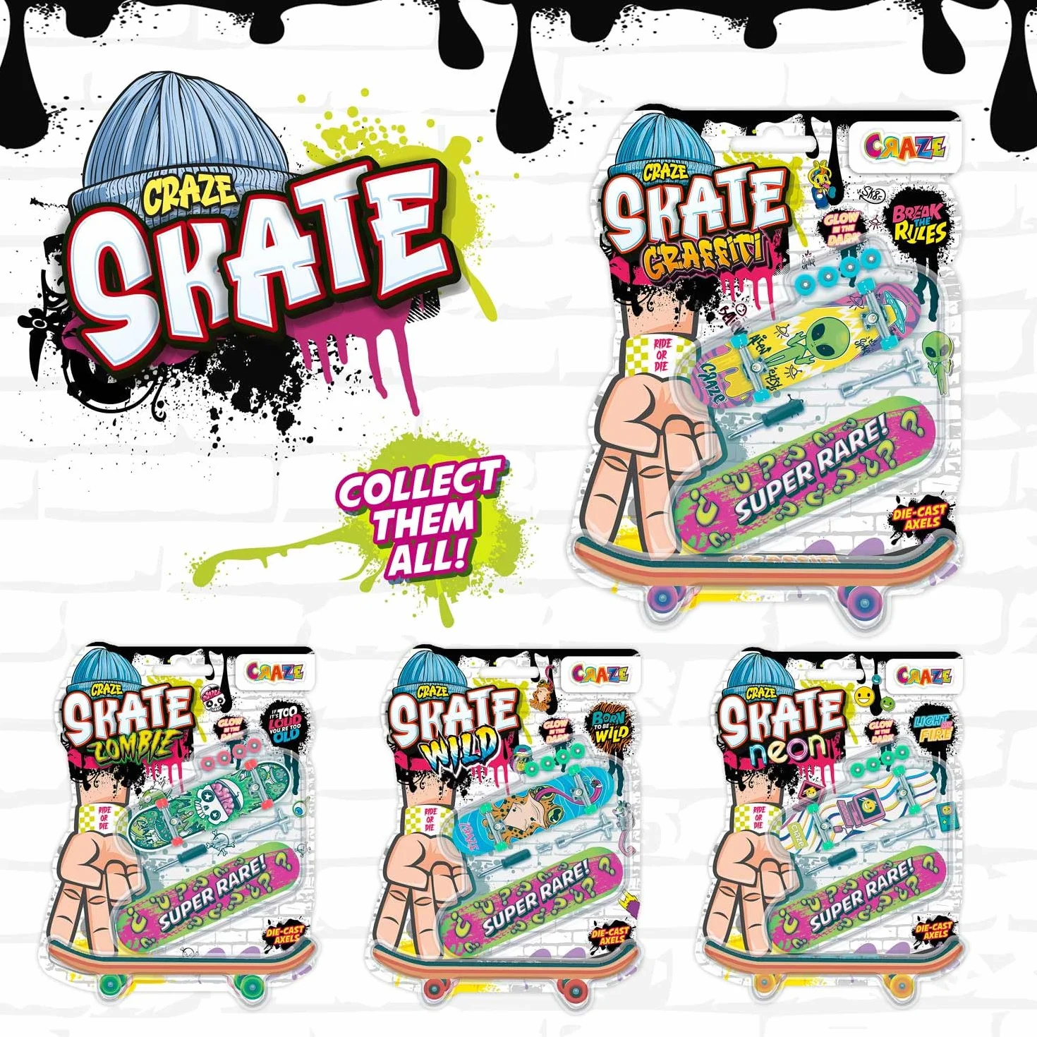 Craze Skate Pack de 2 Mini Skate Doigt Designs Aléatoires Parmi 4 Modèles Fingerboard Personnalisable avec Outils et Pièces