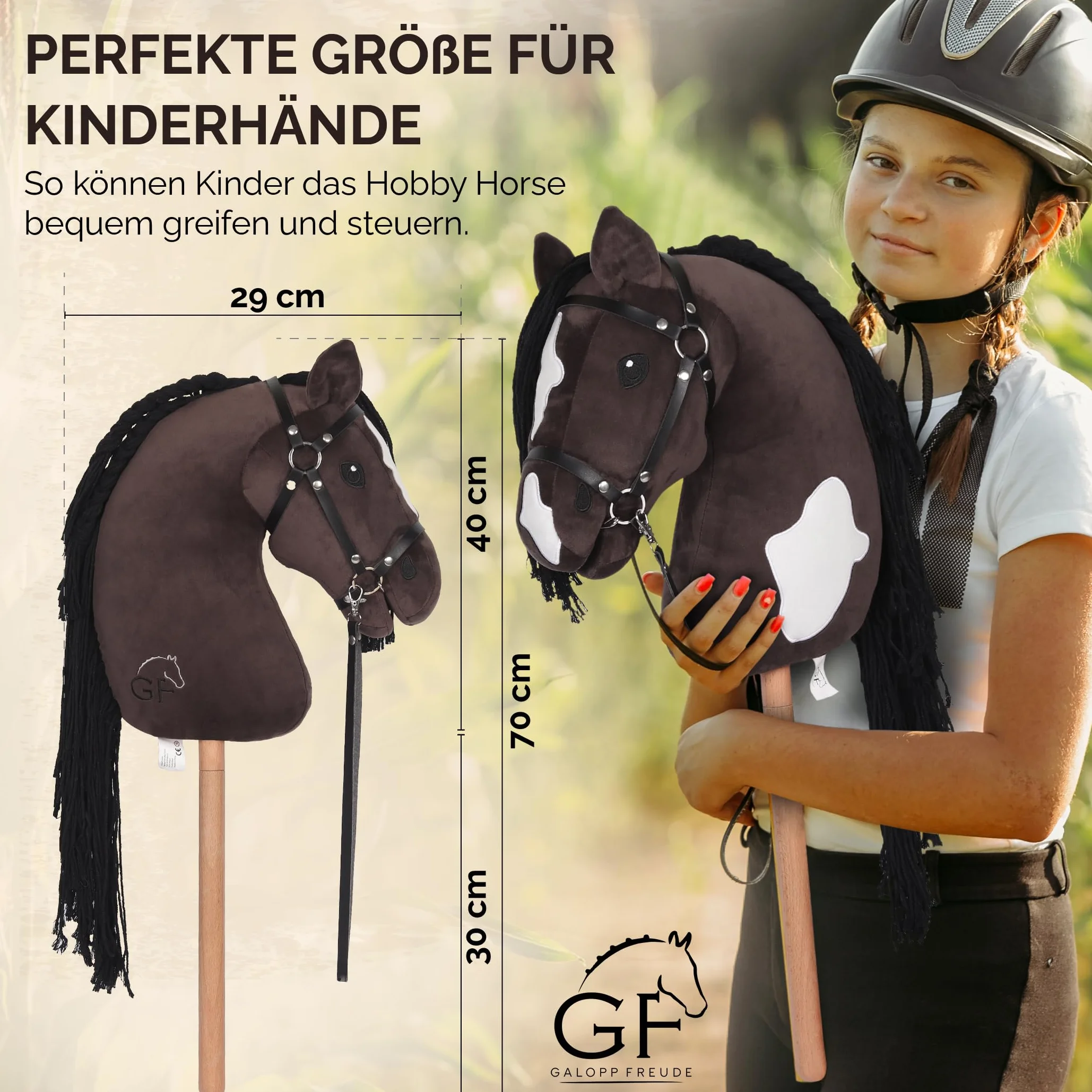 GaloppFreude Hobby Horse Grand cheval A3 avec tige de vis et bride - Cheval à cheval pour enfants avec crinière longue