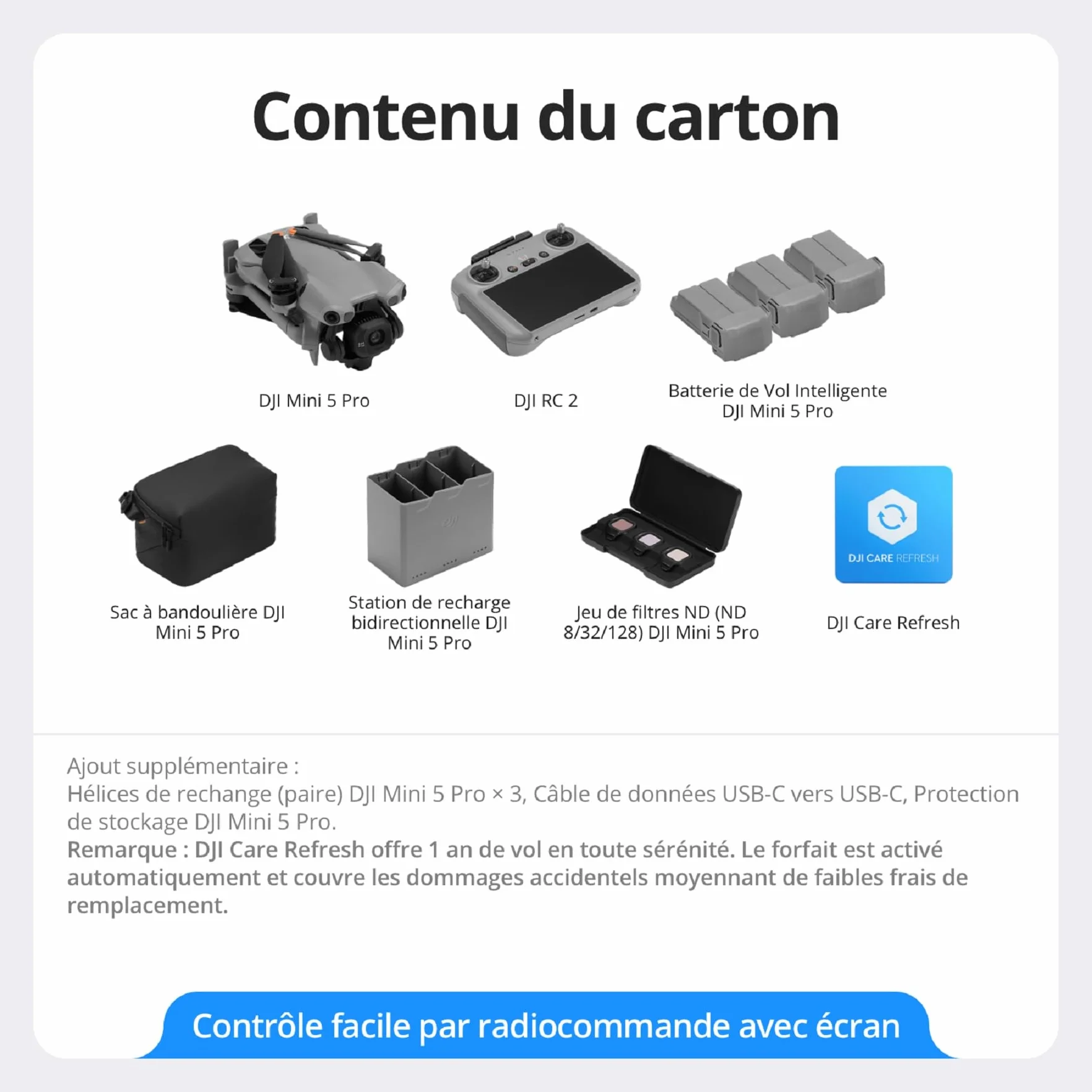 Bundle Fly More DJI Mini 5 Pro avec DJI RC 2 et 1 an de Care (activé automatiquement), Certifié C0, drone 4K pour débutants, drone avec caméra, CMOS 1 pouce, détection d'obstacles