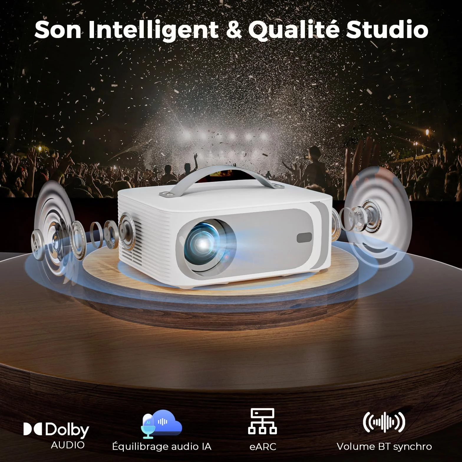 Videoprojecteur 4K 1600 Lumens Auto Focus Keystone Dolby Audio 1080P Natif Projecteur Video HDMI eARC WiFi6 Bluetooth Portable Home Cinéma