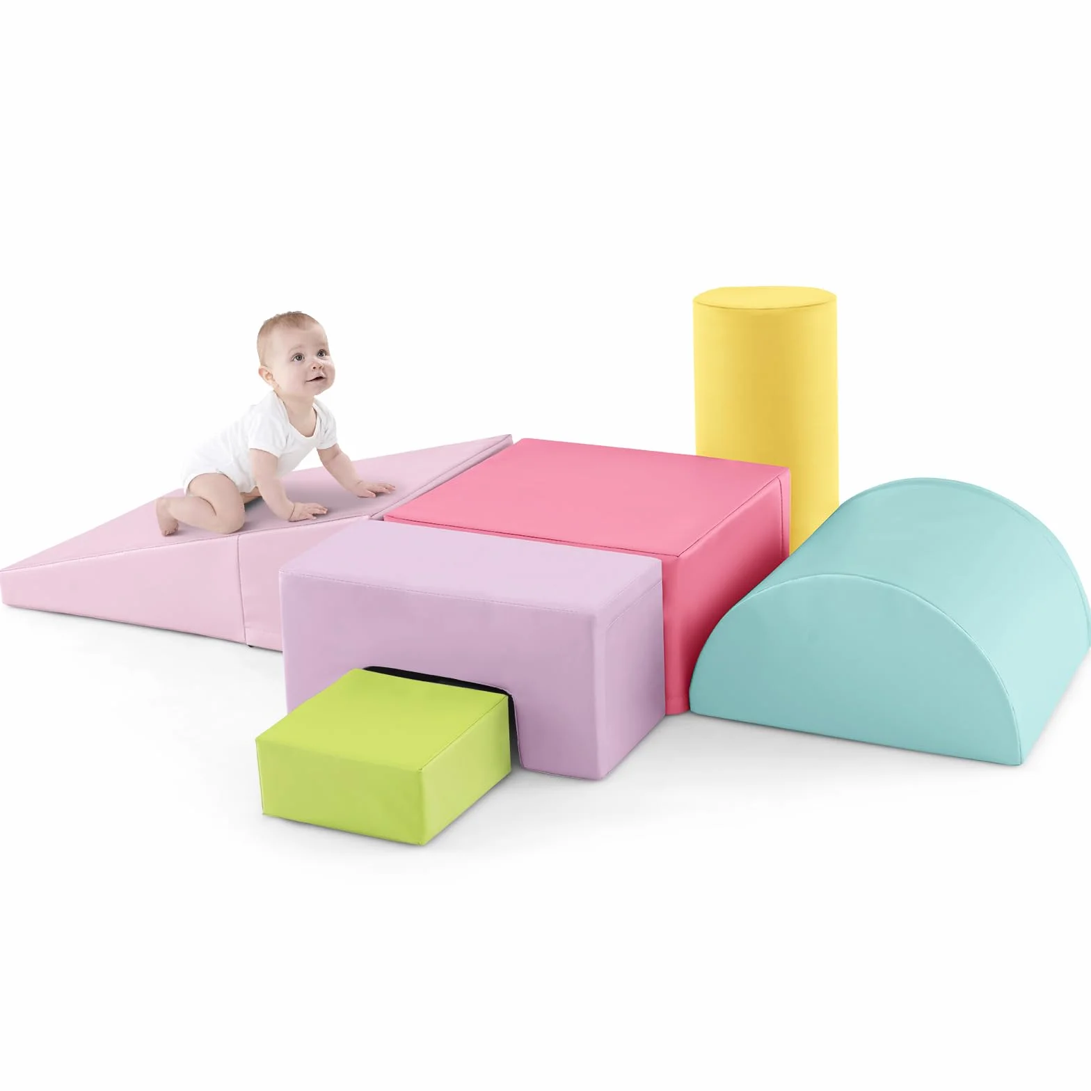 COSTWAY Parcours Motricité Bébé en Mousse EPE avec Housse PU, 6 Pièces, Jouets Éducatifs Rose+Jaune