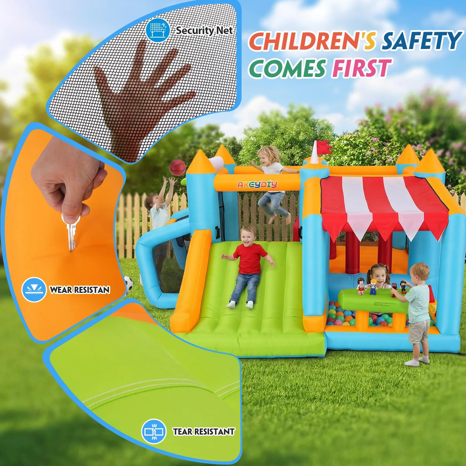 Château Gonflable pour Enfants 3-12 Ans Intérieur Extérieur avec Parcours Obstacles Stand Marché Jouets Parc Tir Football Piscine Balles Ventilateur