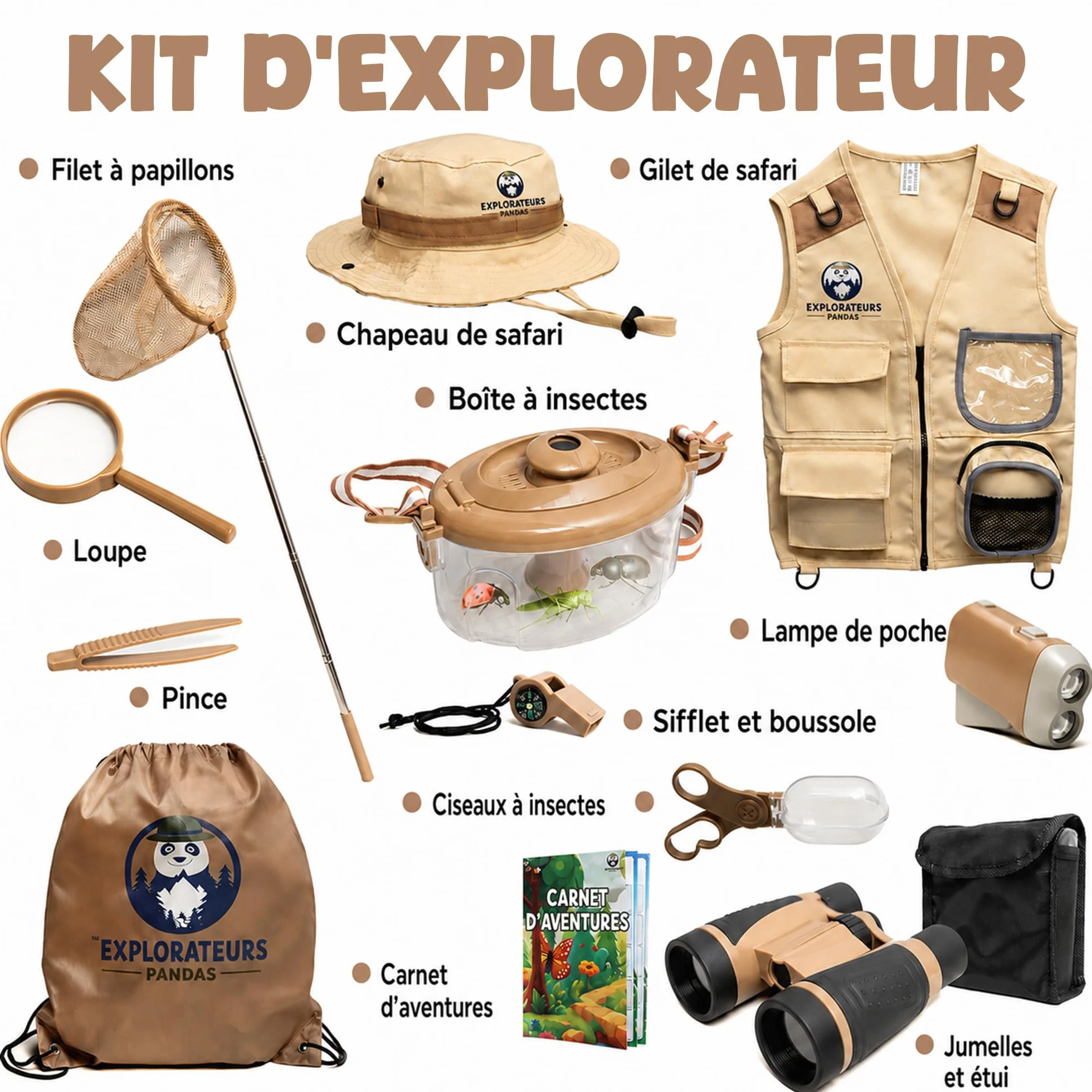 Kit Exploration Enfant Gilet Safari Chapeau Jumelles Boussole - Déguisement Aventurier Cadeau Garçons Filles 3-7