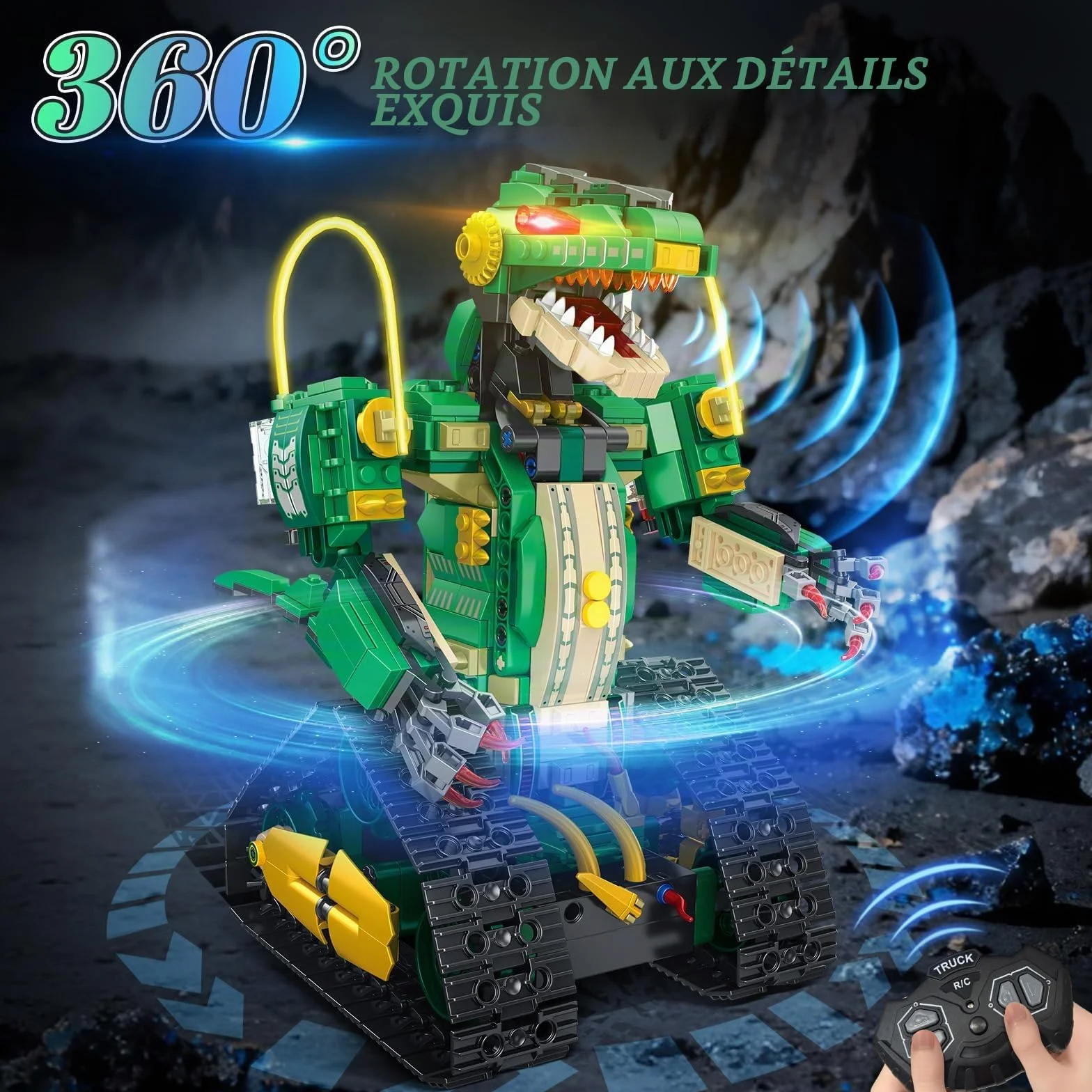 HiWEEGO Jouet de Construction Dinosaure Télécommandé 5 en 1 877 Pièces Robot Rechargeable