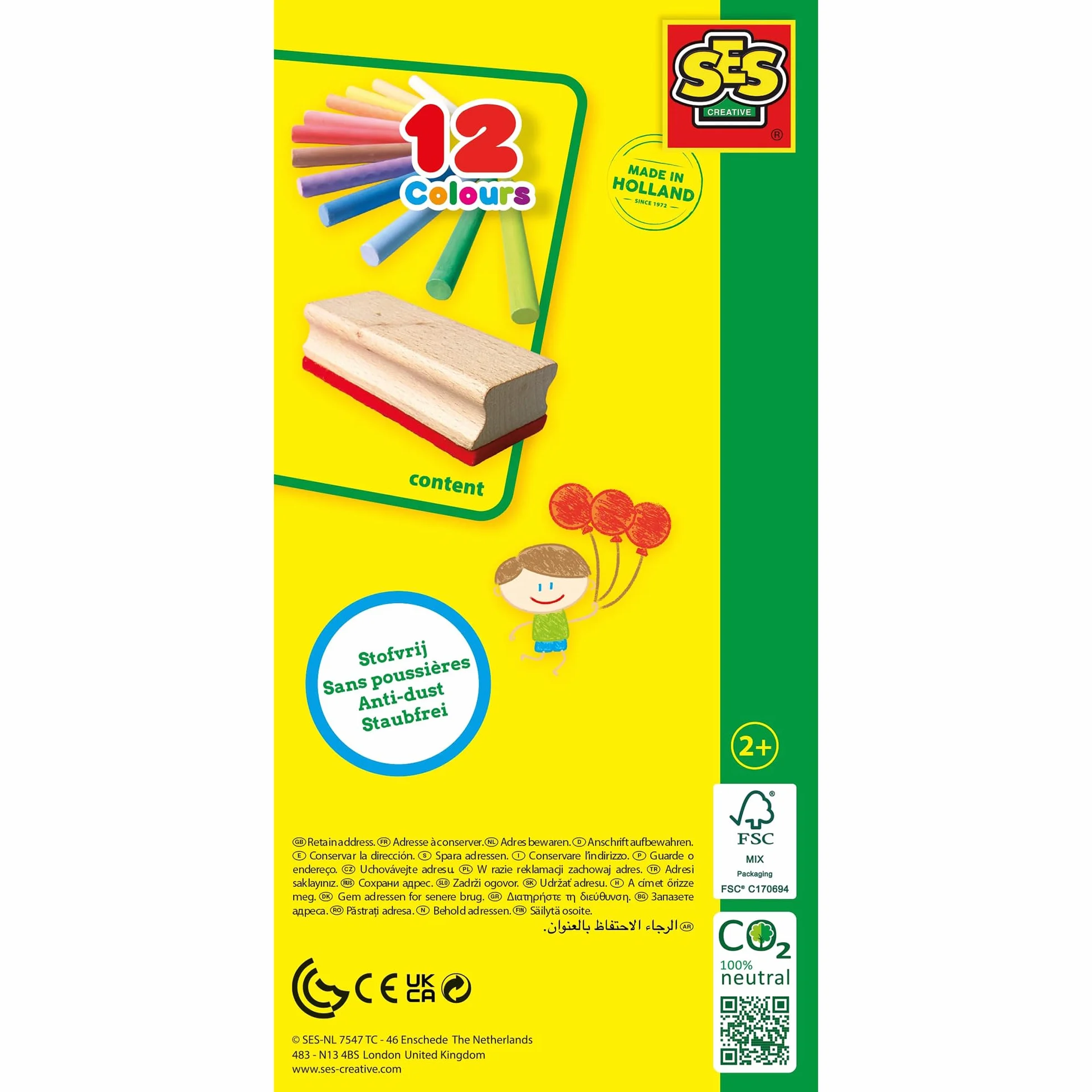SES Creative Craie colourée avec éponge sans poussière pour dessin et peinture créatifs