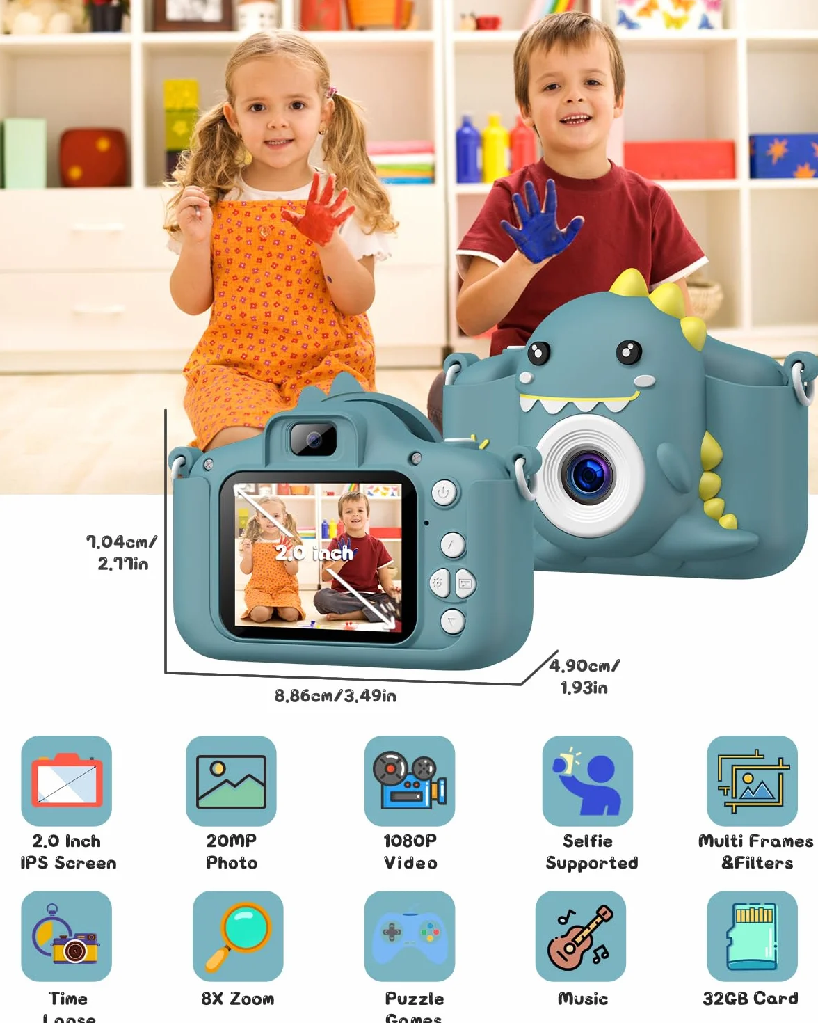 Appareil Photo Numérique pour Enfants 2.0 Pouces HD 1080P 32G Rechargeable Caméscope Selfie Cadeau Jouet Garçons 3-12 Ans
