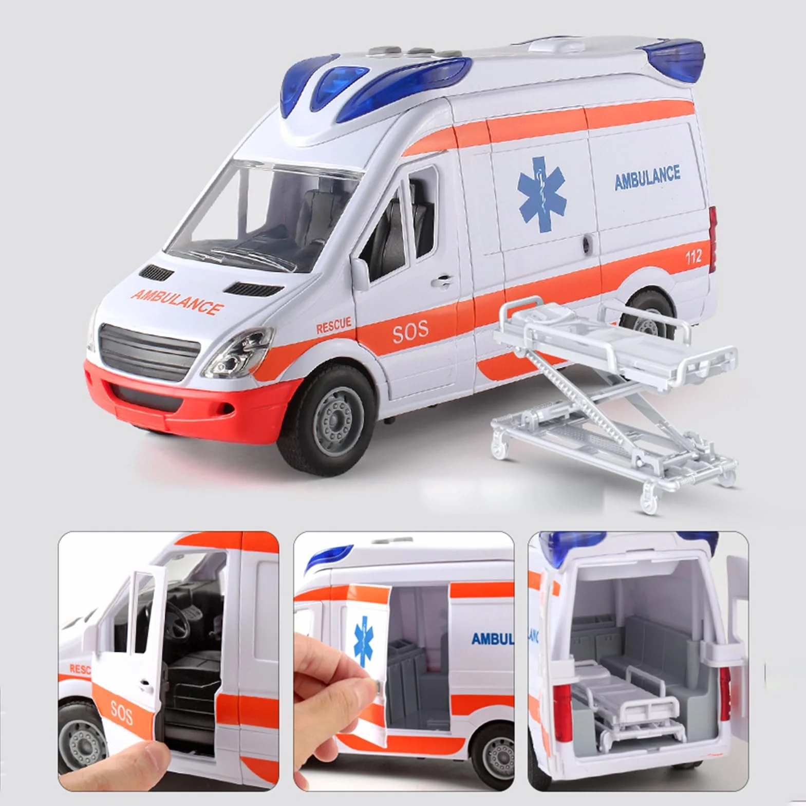 Jouet d'ambulance Pp véhicule de sauvetage d'urgence avec civière panneau arrière ouvrant lumières sons