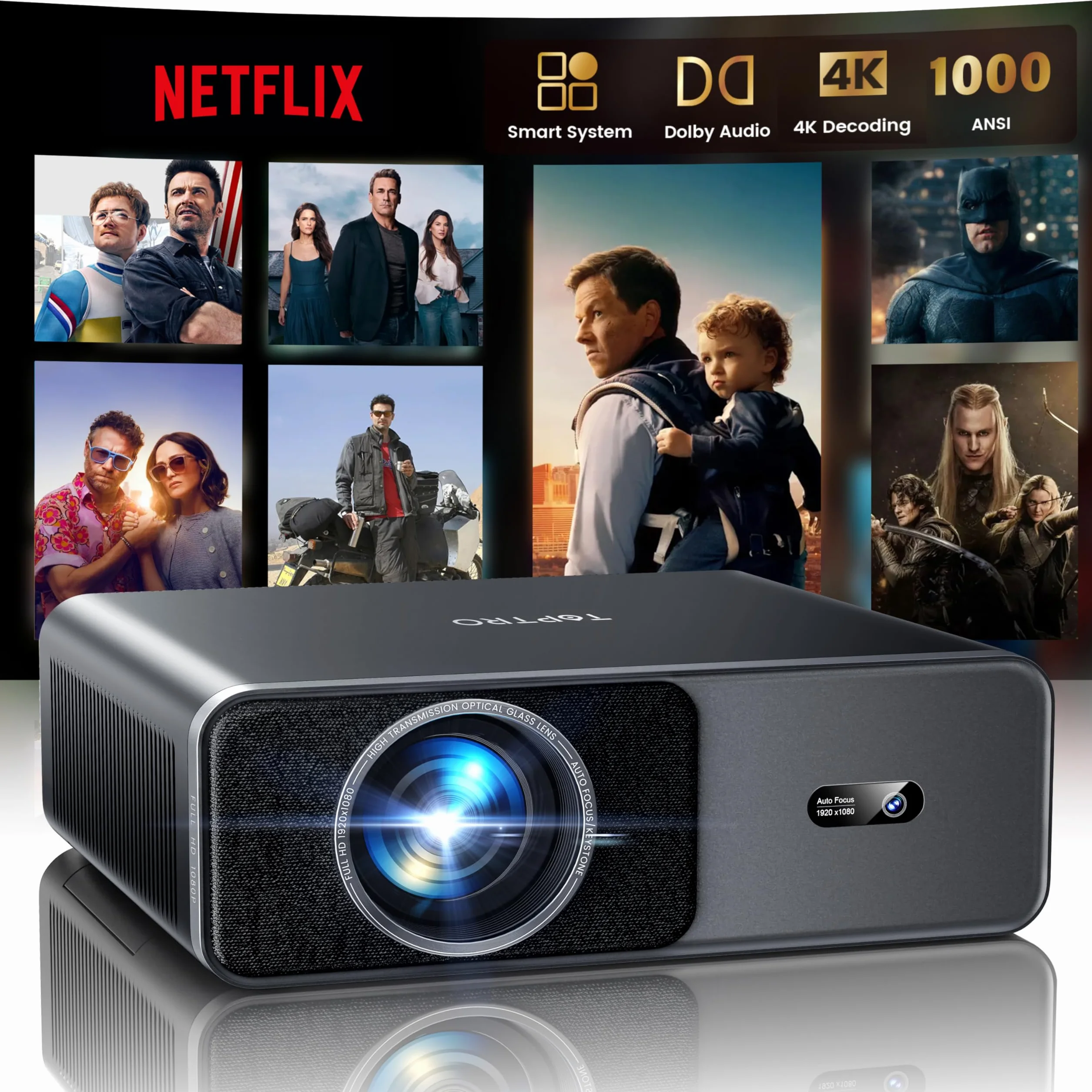 TOPTRO Vidéoprojecteur 4K 1000ANSI Portable WiFi6 Bluetooth Auto Focus Keystone 1080P FHD Home Cinéma