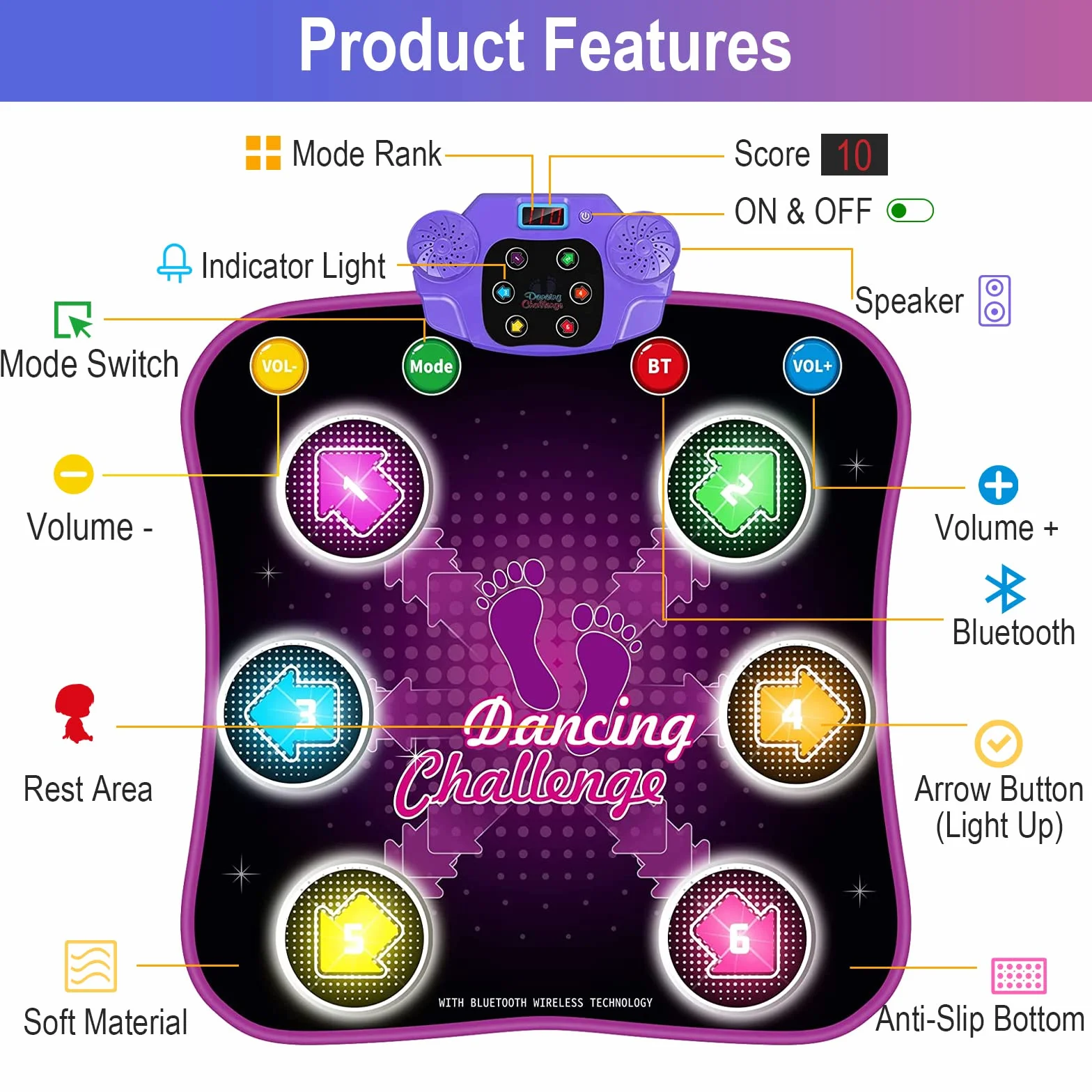Tapis de Danse Enfants Filles Bluetooth LED Lumière Musique avec 6 Flèches Volume Réglable Cadeau