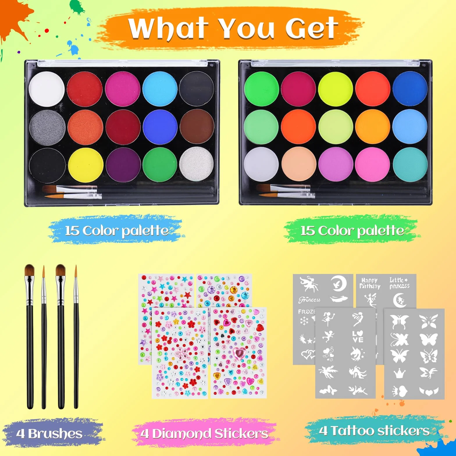 Peinture Corporelle Visage 30 Couleurs Palette Maquillage Enfants avec 4 Pinceaux 40 Pochoirs Bodypainting Halloween Noël Carnaval