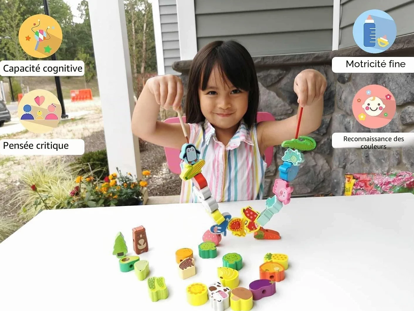 Perles en Bois à Enfiler Jouet 42 Pièces Animaux Fruits Montessori Éducatif Enfant Cadeau Garçons Filles 2-4 Ans