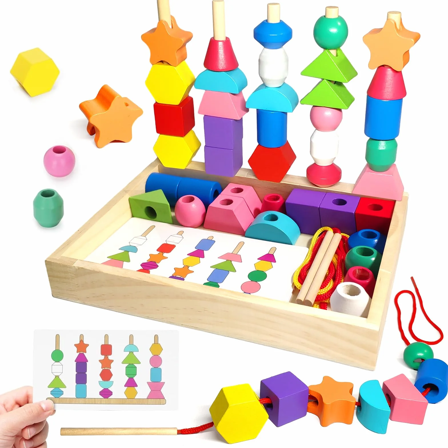 Jeux Montessori 3 en 1 Jouets de Perles de Laçage en Bois, Empilable et Enfiler, Tri, Éducatif 2-5 Ans