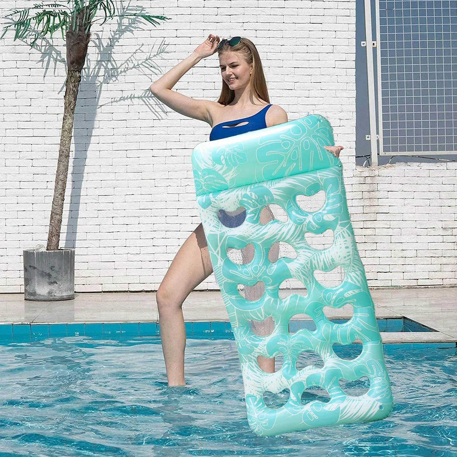 Flotteur De Repos pour Piscine Gonflable avec Tête Intégrée Radeau Imperméable Motif Feuille