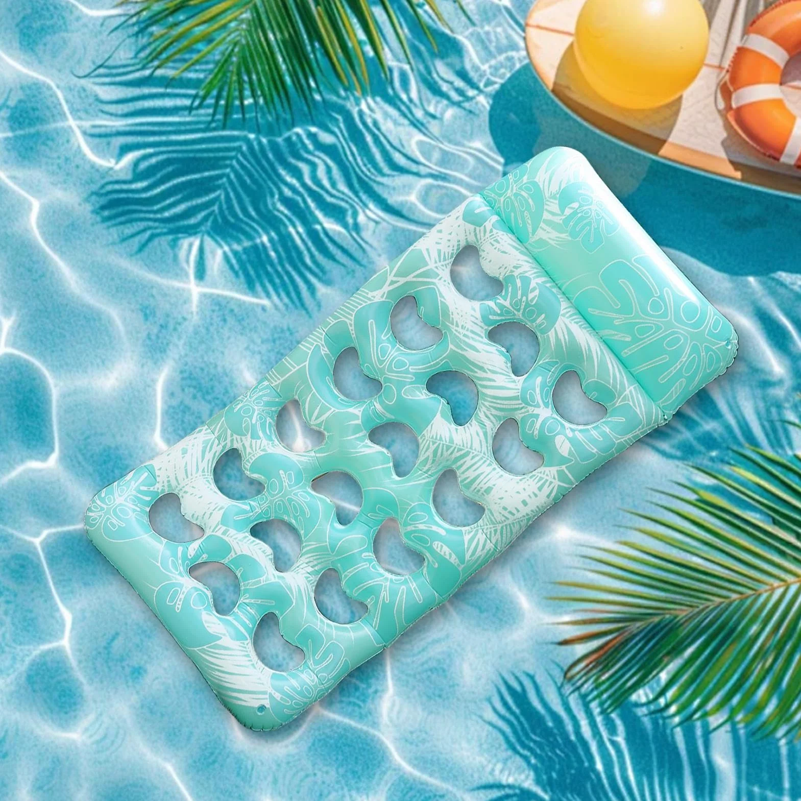 Flotteur De Repos pour Piscine Gonflable avec Tête Intégrée Radeau Imperméable Motif Feuille