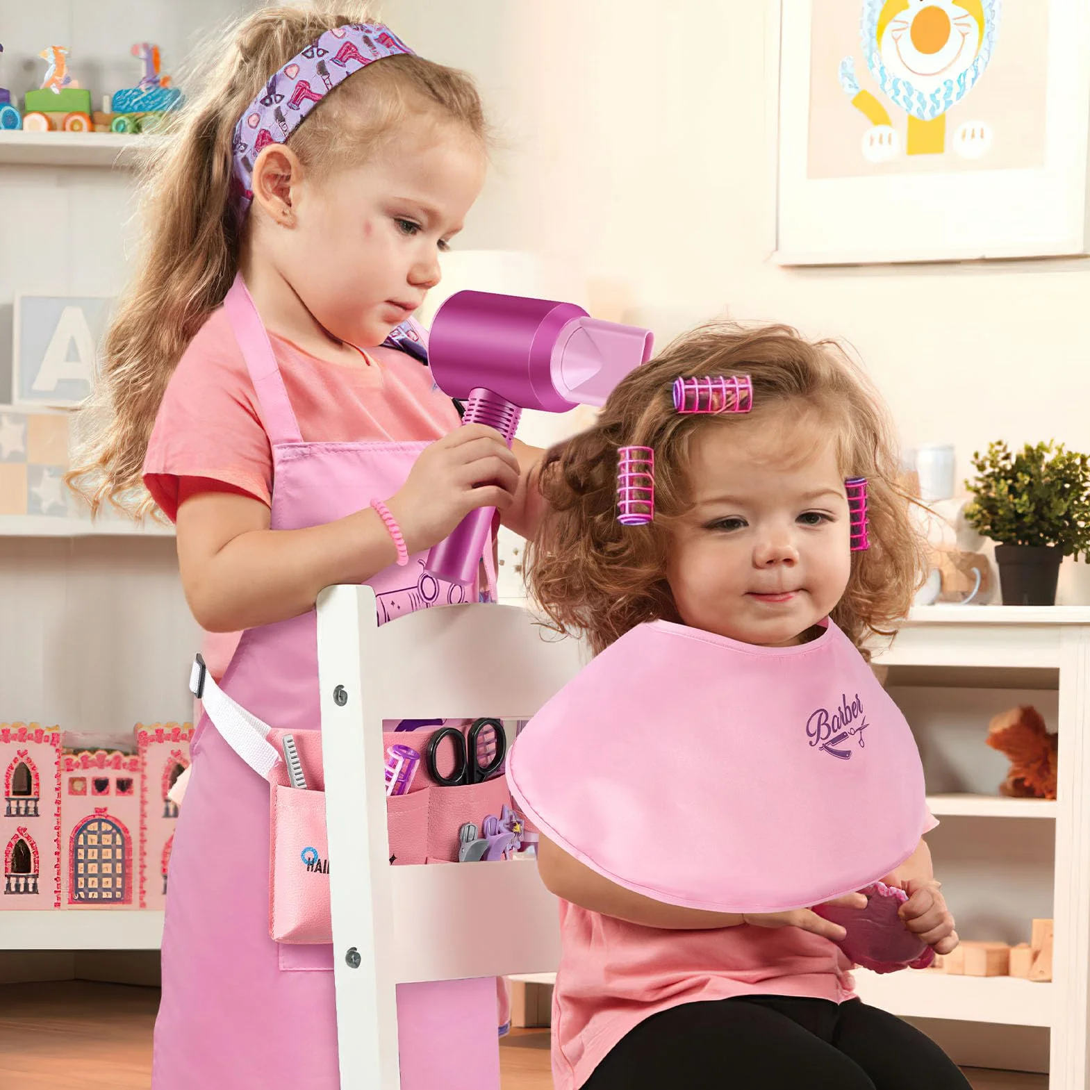Kit Coiffure Enfant Fille Jouet avec Sèche-Cheveux Lisseur Miroir Peigne Ciseaux Tablier Coiffeur Malette Accessoires Coiffure Salon Beauté Jeu Rôle Cadeau 3-7 Ans