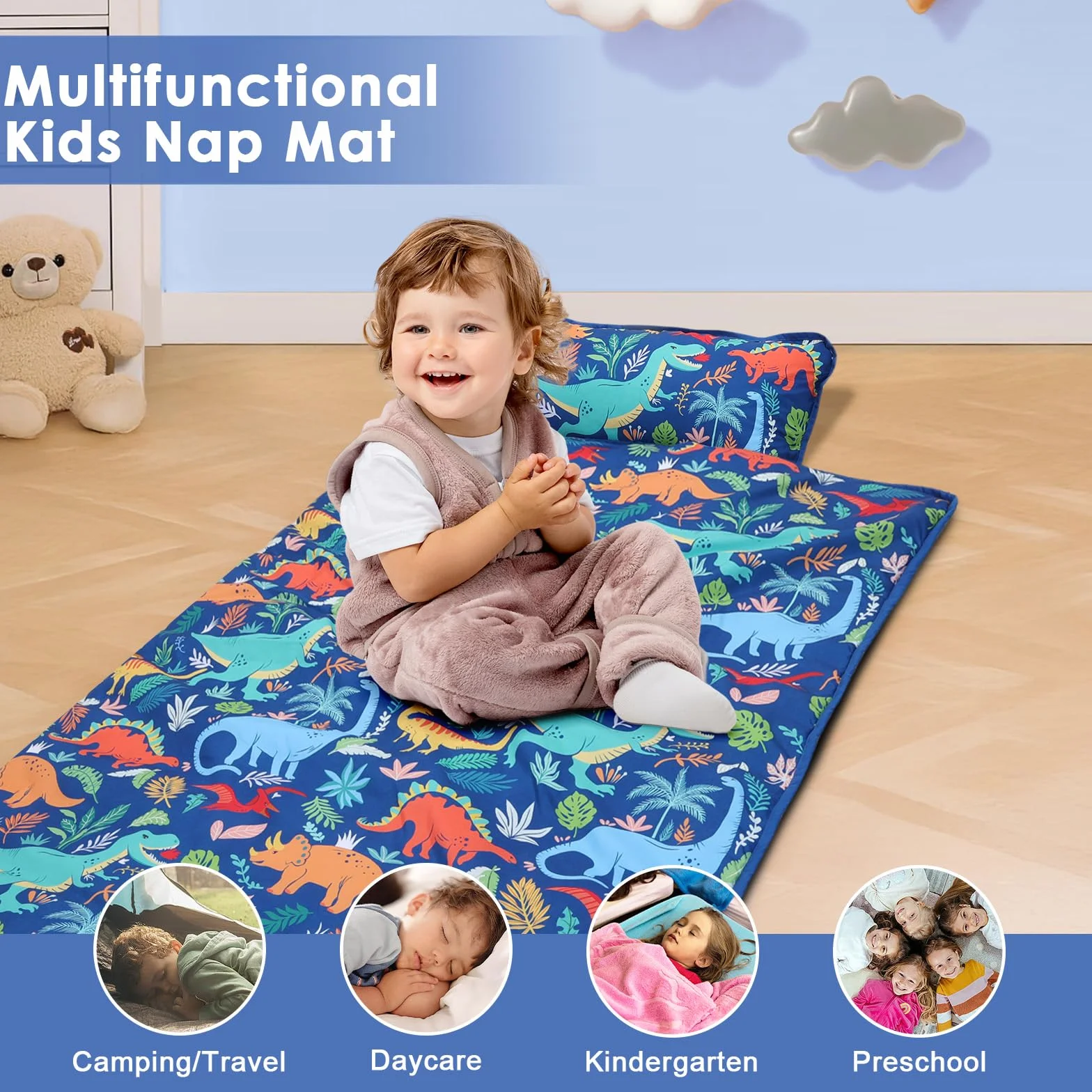 Tapis de Sieste Enfants avec Oreiller et Couverture Amovibles Sac de Couchage 2 en 1 Très Épais pour Garçons et Filles
