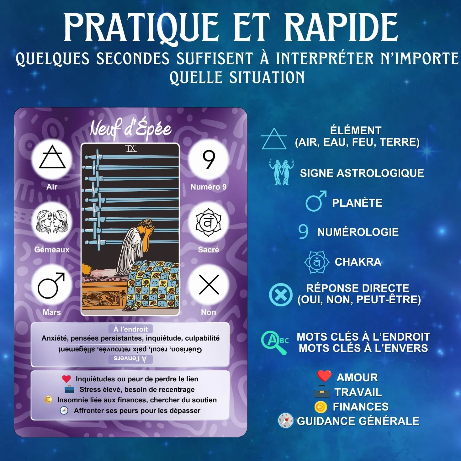 Tarot Divinatoire 78 Cartes + Livret 200 Pages Grande Taille 12,6 cm x 8,9 cm Débutants