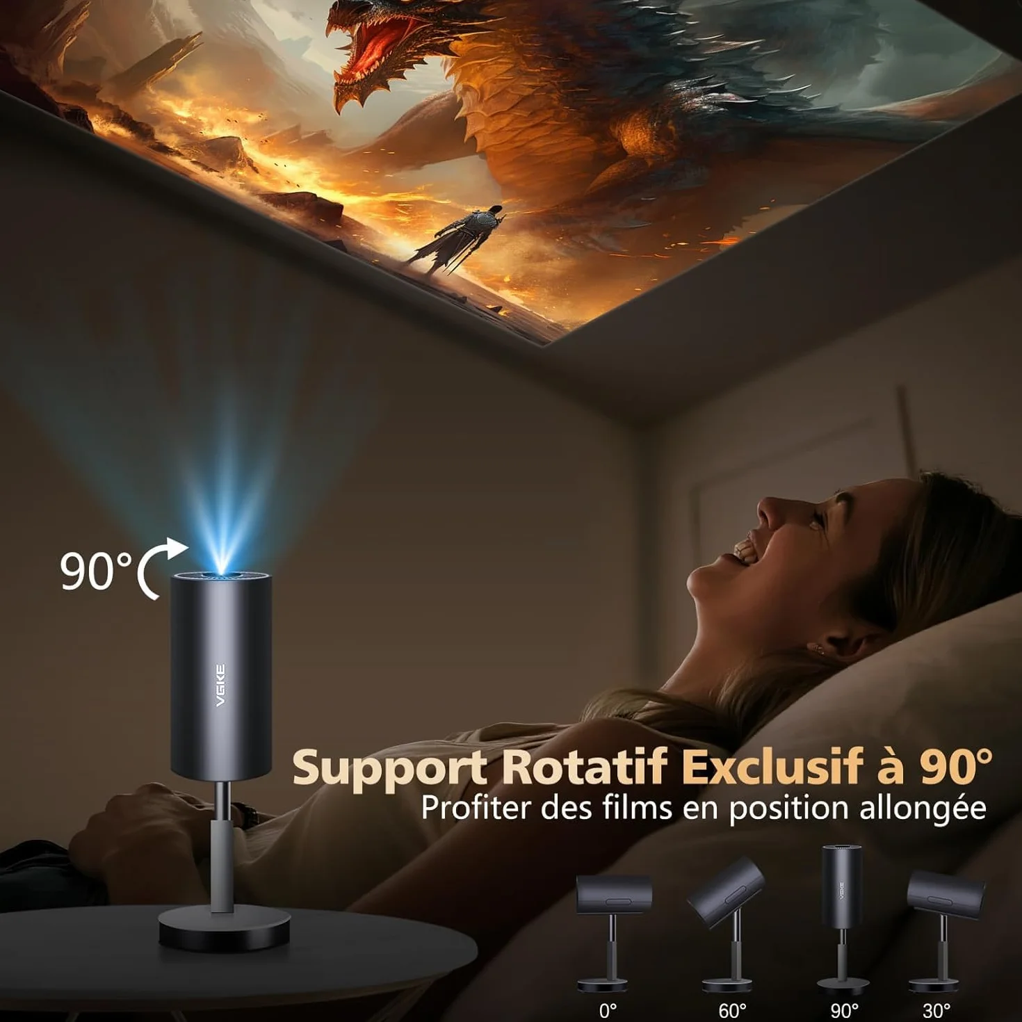 Vidéoprojecteur 4K VGKE Auto Focus Keystone Mini Projecteur Portable WiFi6 Bluetooth Full HD avec Pied Télescopique Rotatif 90°