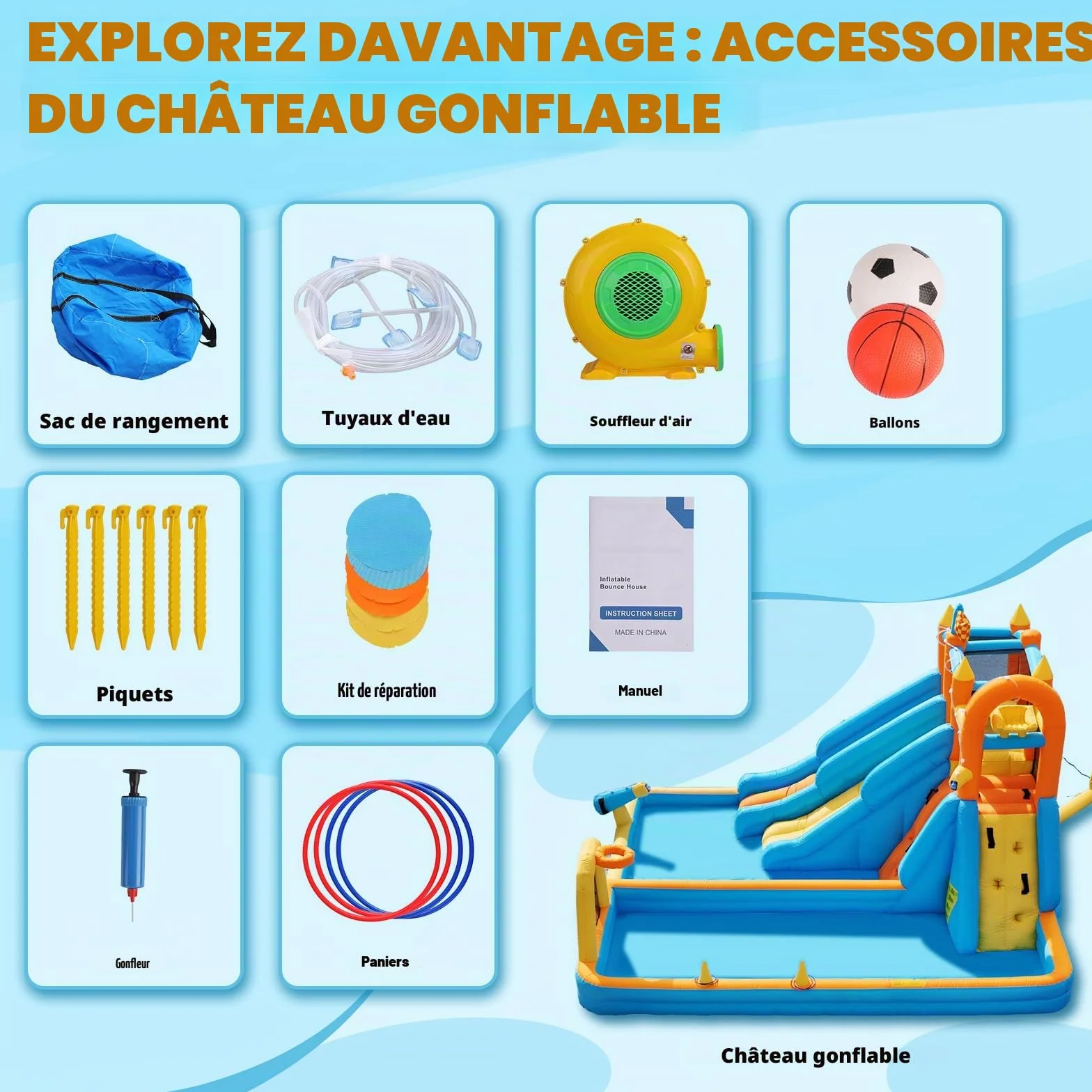 FOOING Château Aquatique Gonflable avec 2 Toboggans, Mur d'escalade, Panier de Basket et Filet de Sécurité pour Enfants