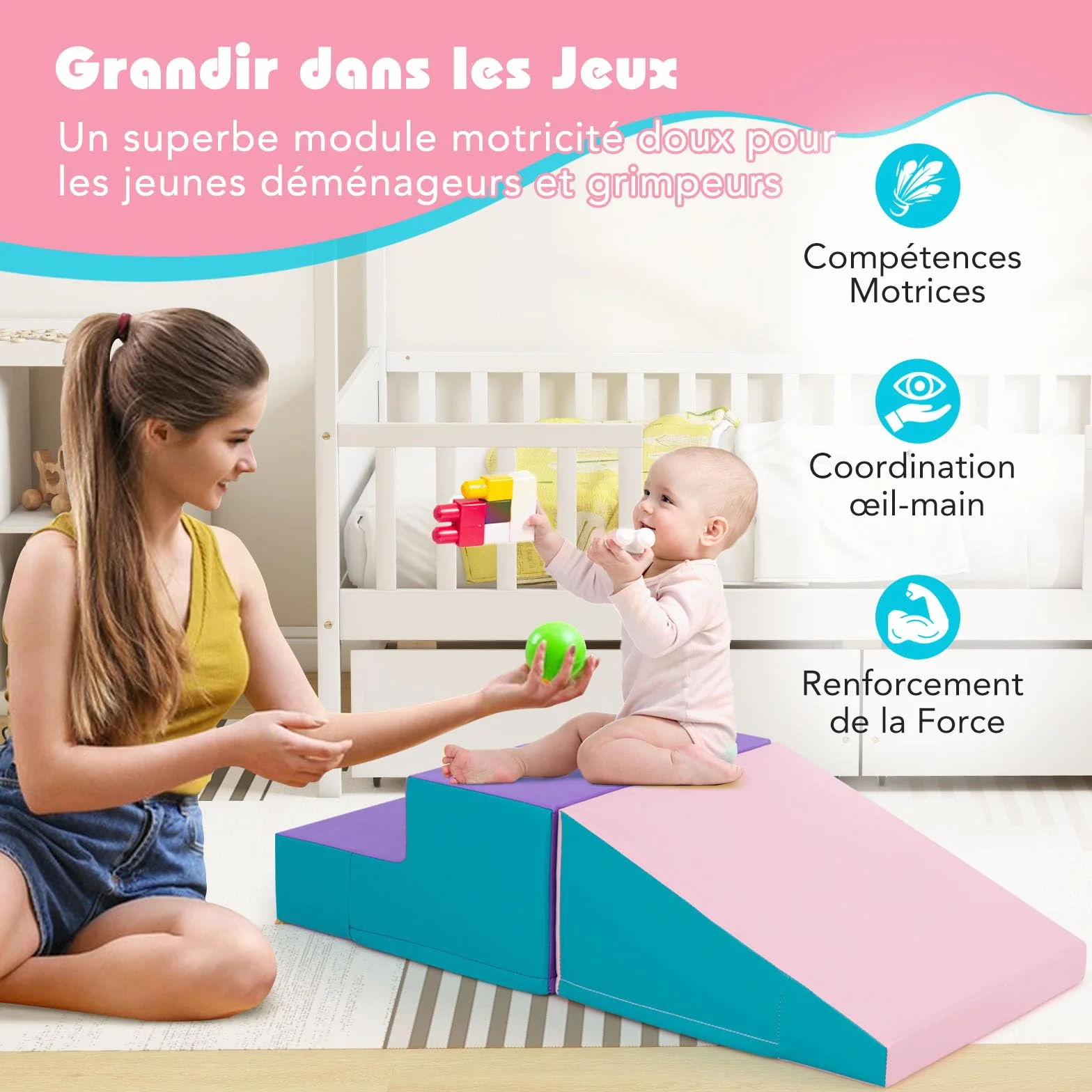GOPLUS Parcours Motricité Bébé Mousse Escalier Toboggan Enfant 6 Mois-3 Ans Rose Bleu