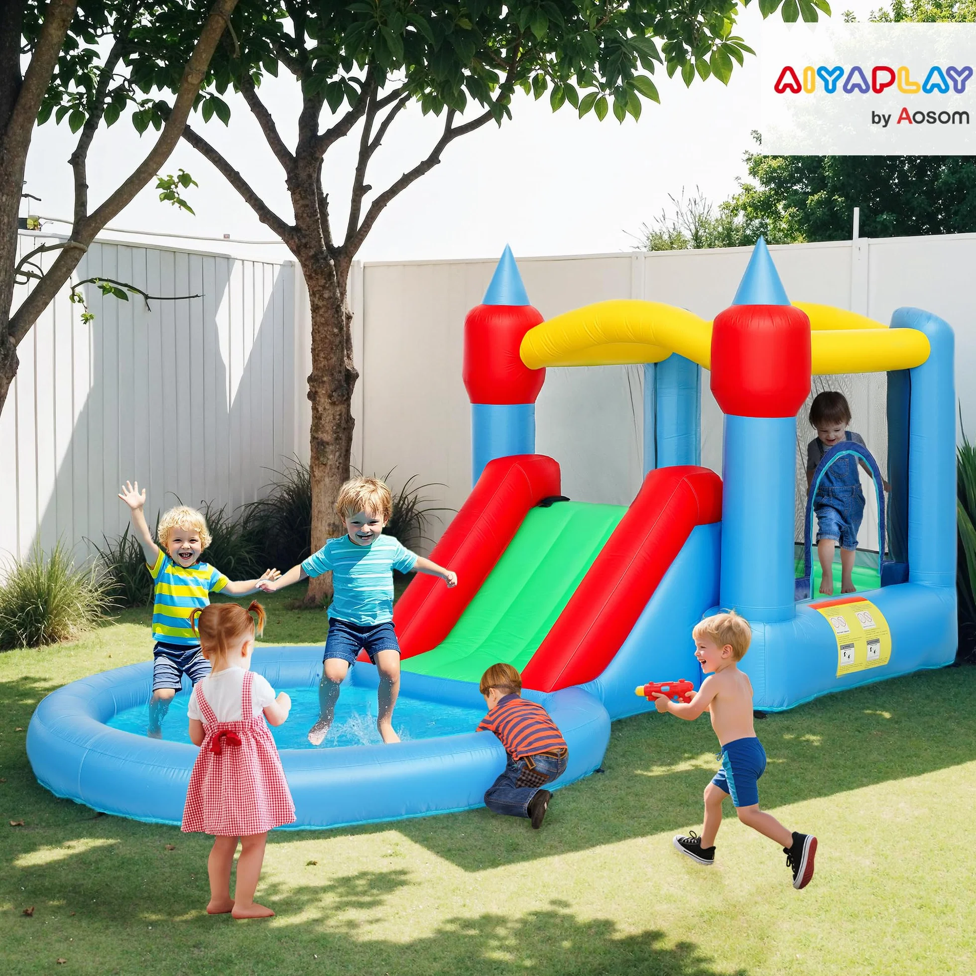 AIYAPLAY Château Gonflable 4 en 1 avec Toboggans, Trampoline, Panier de Basket, Piscine à Balles, pour Enfants 3-8 Ans