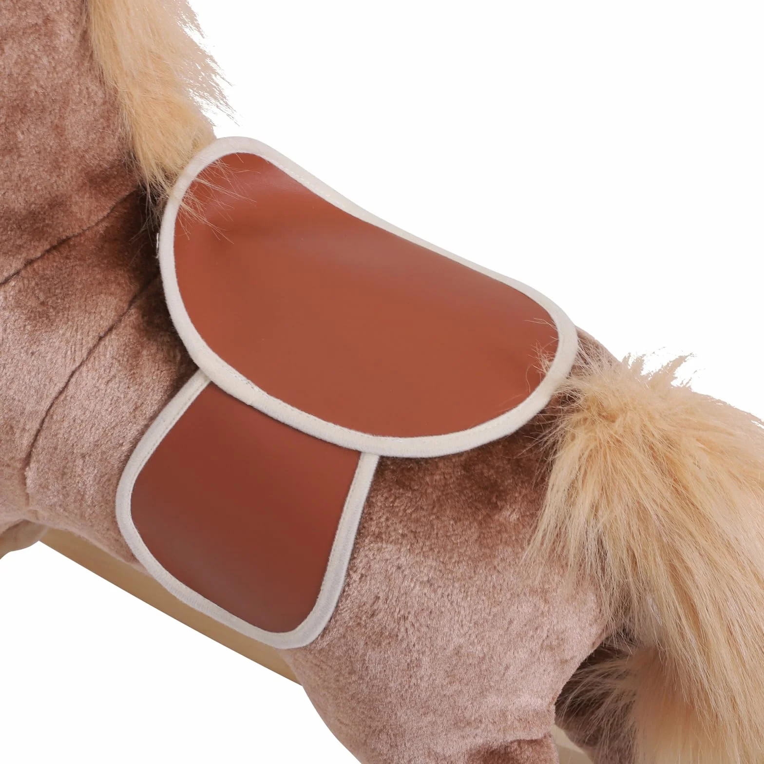 HOMCOM Cheval à Bascule Cowboy Selle Grand Confort Enfants 36+ Mois Peluche Douce Bois Peuplier 40 kg Brun Blanc