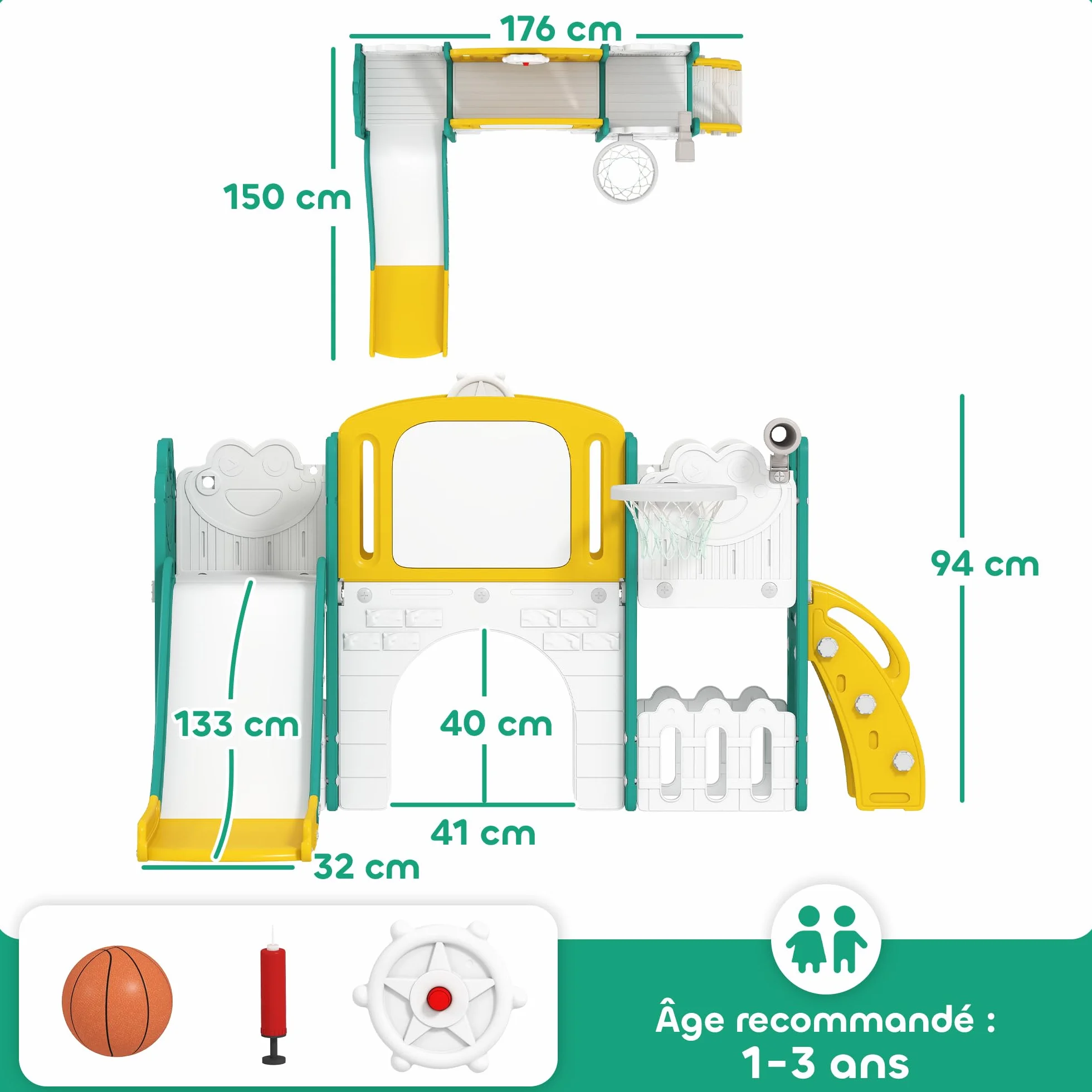AIYAPLAY Toboggan 7 en 1 pour Enfant avec Panier de Basket, Tunnel, Escalade, Aire de Jeux intérieur et extérieur 1-3 Ans Jaune