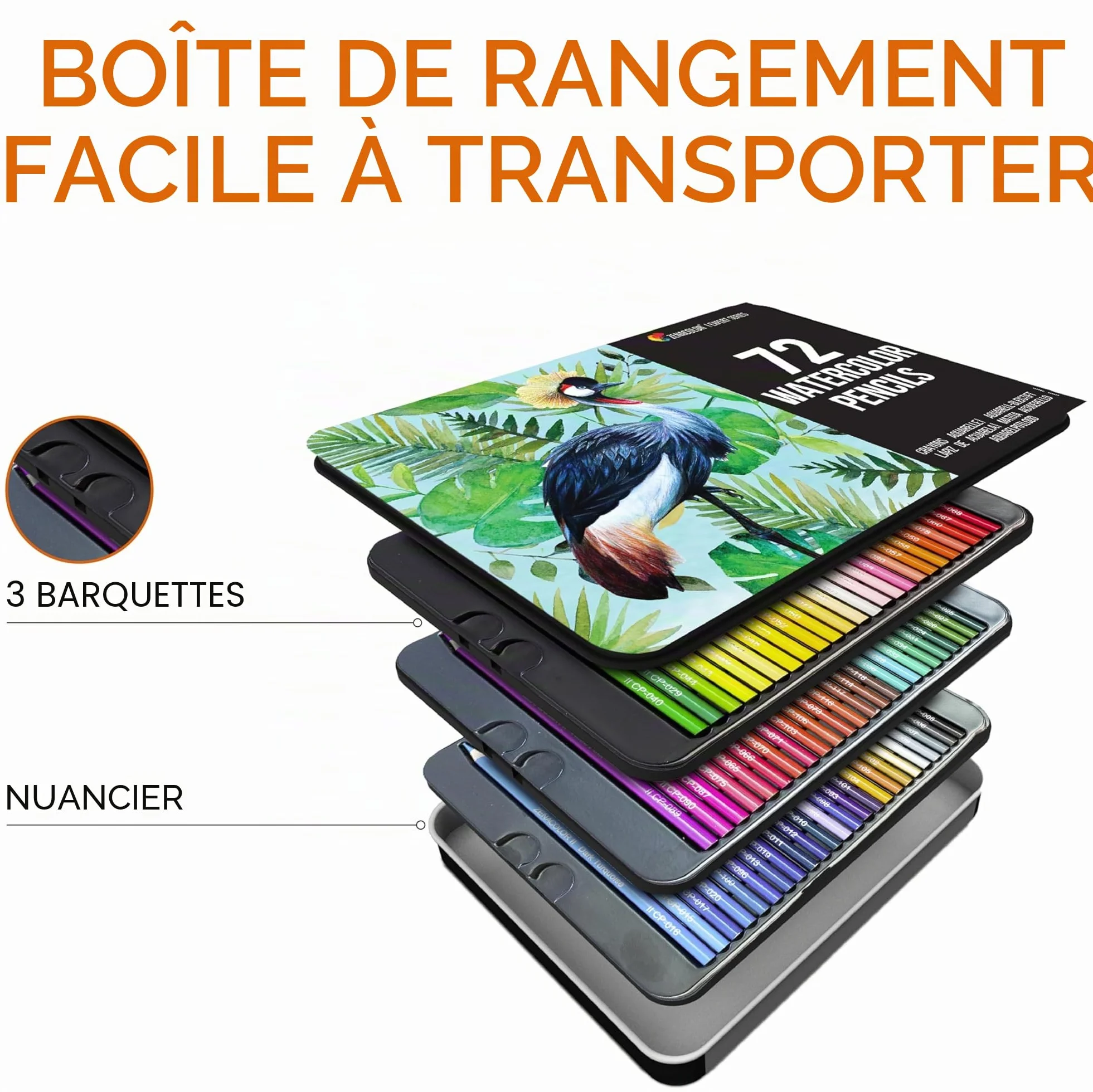 Zenacolor 72 Crayons Aquarellables, Set de 72 Couleurs Uniques, Pinceau et Boîte en Métal