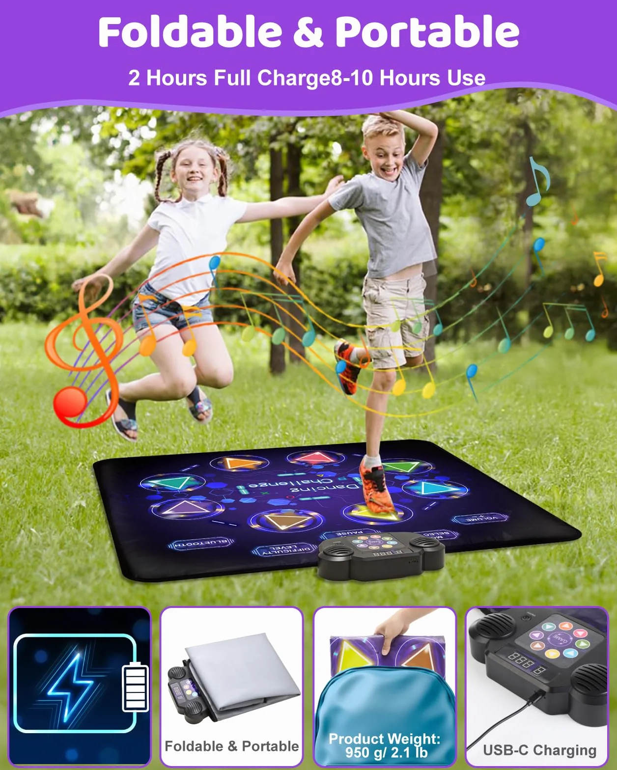 Gleamkid Tapis de Danse Bluetooth pour Enfants, Lumineux 8 Flèches, 8 Modes, 3 Niveaux, Volume Réglable