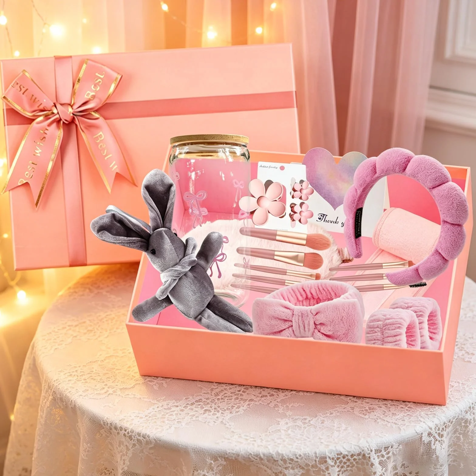 Coffret Cadeau Original pour Fille 8-18 Ans avec Verre Pinceau à Maquillage Bandeau Rose