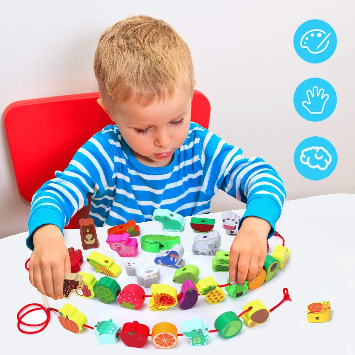Perles en Bois à Enfiler Jouet 42 Pièces Animaux Fruits Montessori Éducatif Enfant Cadeau Garçons Filles 2-4 Ans