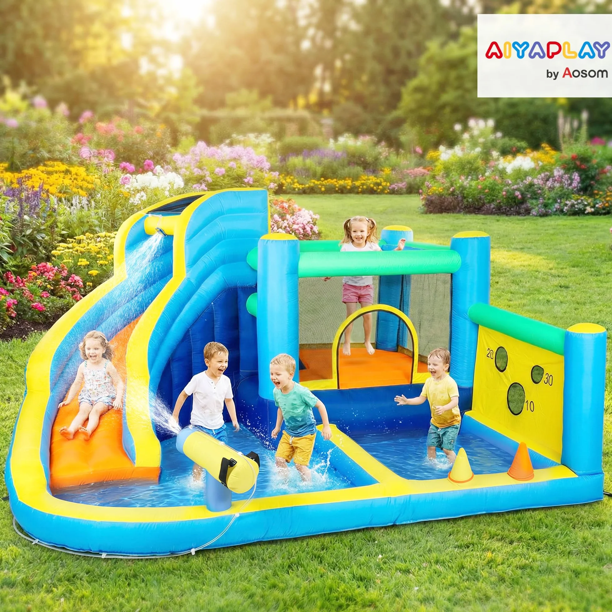 AIYAPLAY Château gonflable 8 en 1 350x320x190cm avec souffleur toboggan trampoline piscine à balles