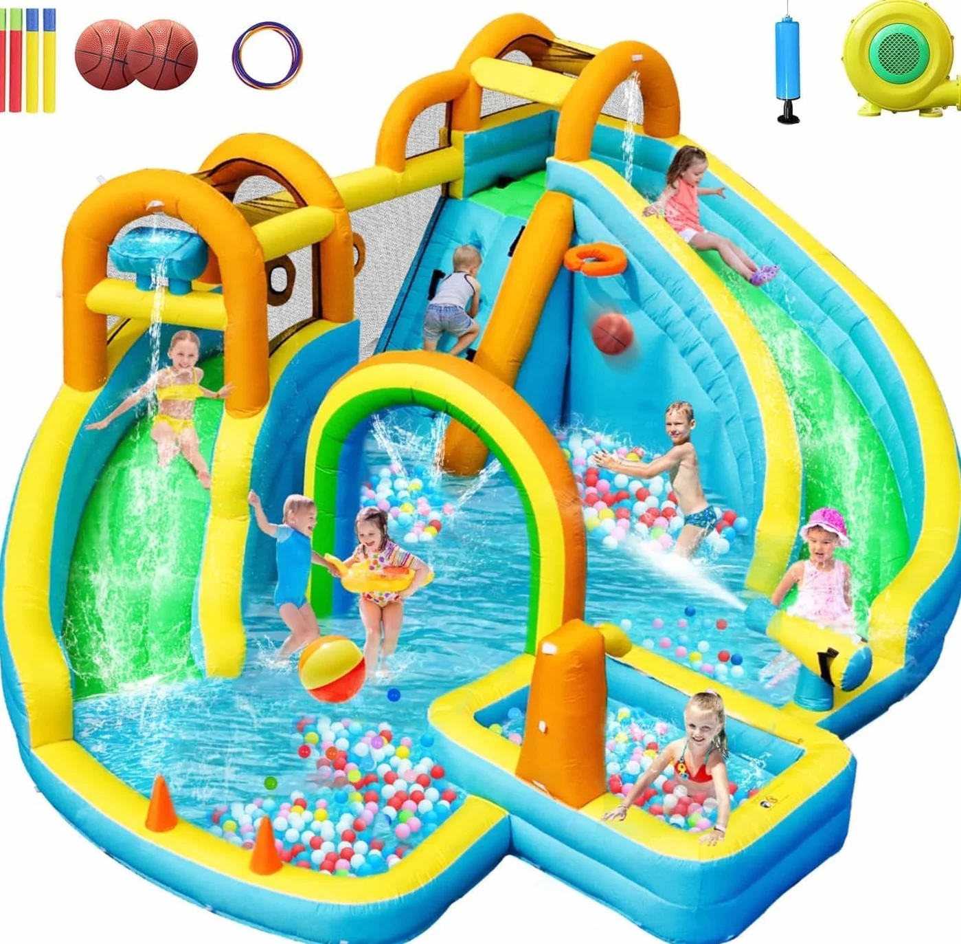 Chateau Gonflable avec Toboggan Double, Aire de Jeux Gonflable pour Enfants, Parc Aquatique avec Piscine d'Éclaboussures