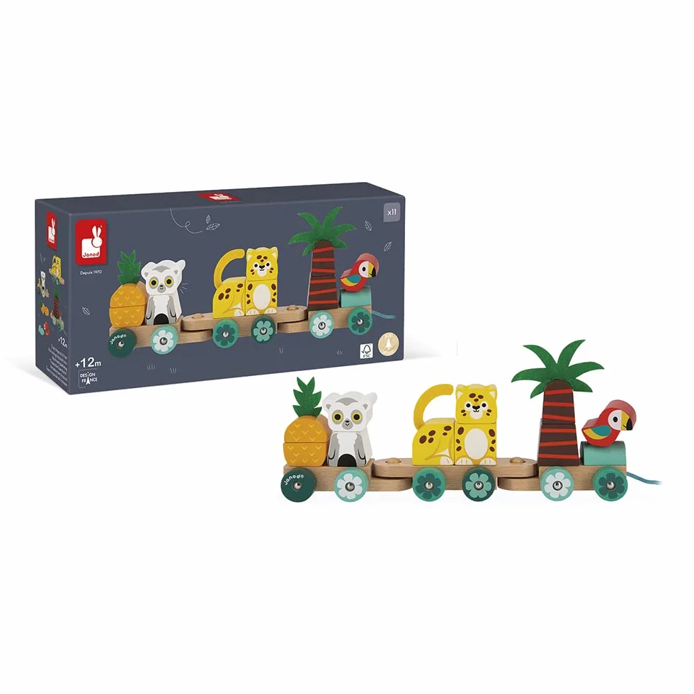 Janod Train Tropical à Tirer Tropik Jouet en Bois 11 Pièces 3 Wagons Motricité Coordination Main Œil FSC Dès 1 an